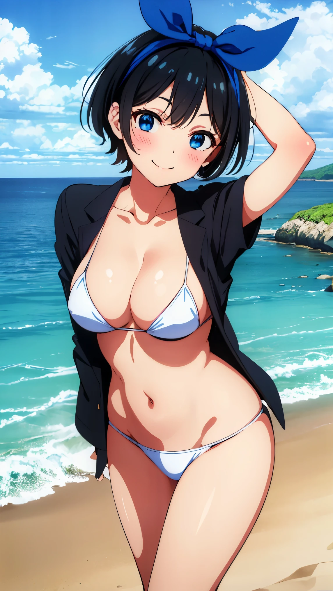 Ruka , blue eyes, short black hair, blue bow on hair, medium breast, smiling, 1girl, white bikini , beach, beach path, absurdes, high res, ultrasharp, 8k, masterpiece, looking at viewer