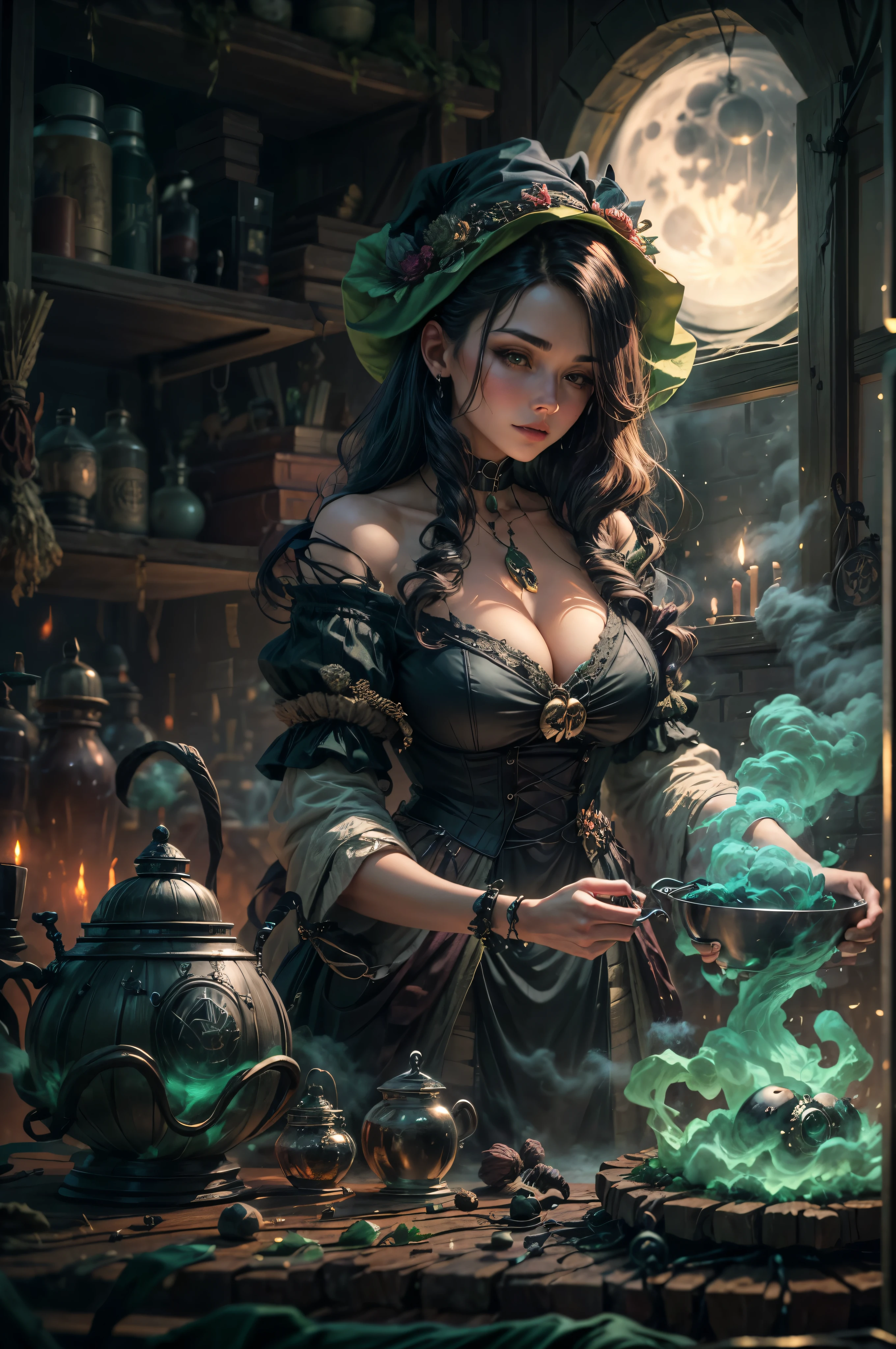 Beautiful witch in her alchemist room, Conduct her project in a steaming cauldron filled with green glowing smoke, Dreamy night background with full moon and window view, Dressed in traditional witch costume.