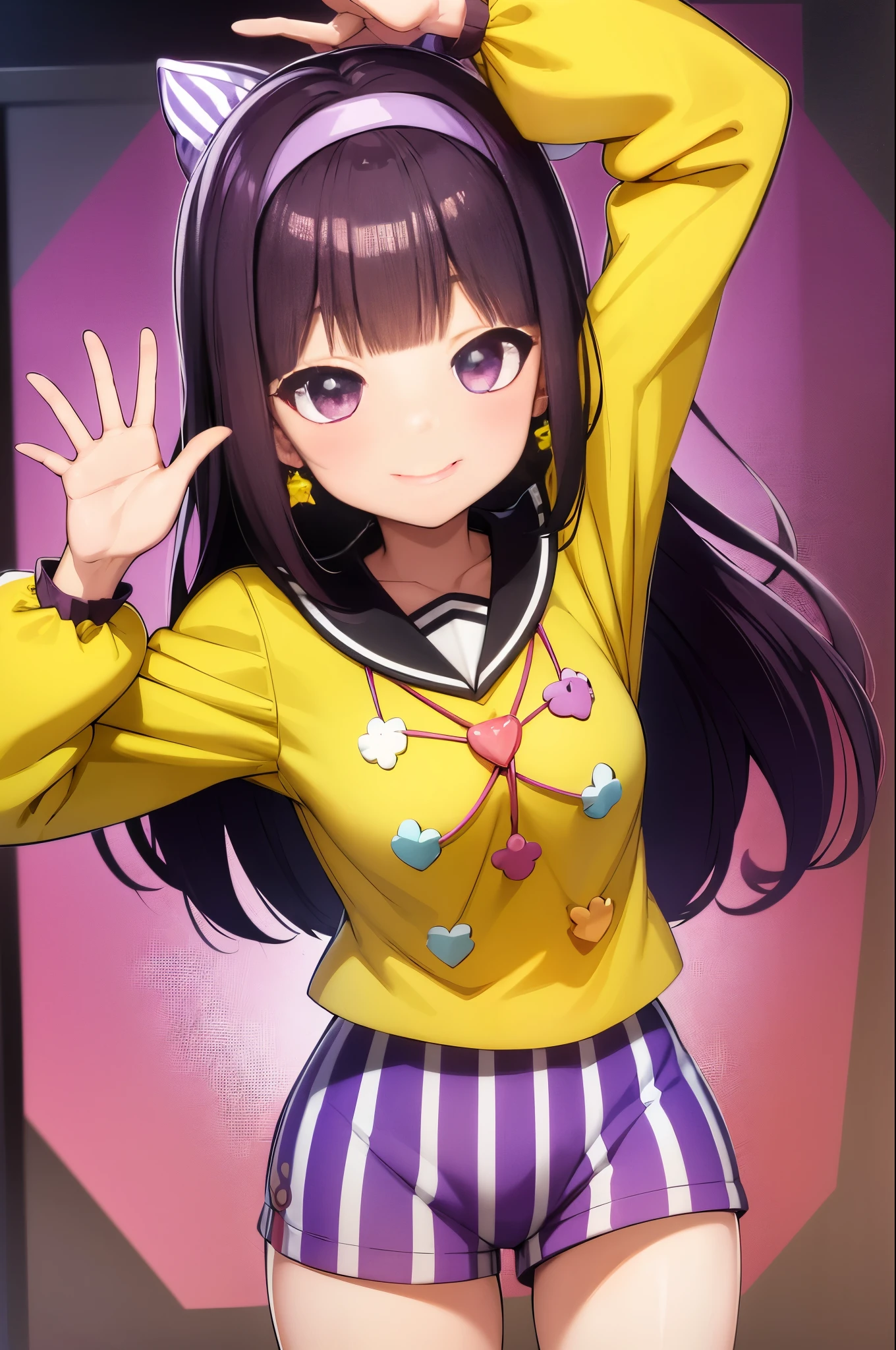 amanogawakist, 1girl, solo, purple hairband, star earrings, yellow shirt, puff sleeves, striped shorts, vertical stripes, smile, heart (symbol), looking at viewer, cowboy shot, standing, closed mouth, waving, hand up, anime coloring,   