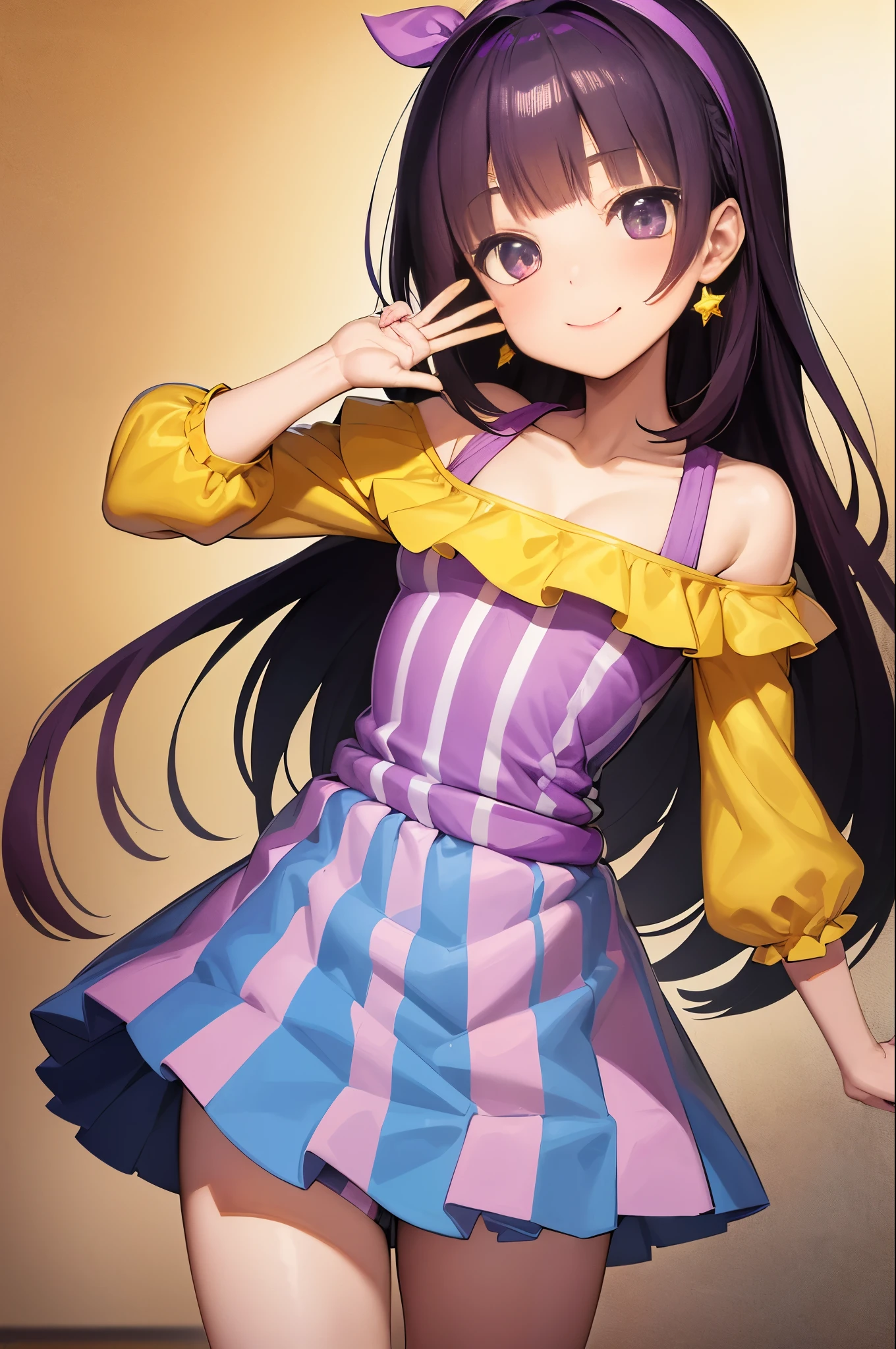 amanogawakist, 1girl, solo, purple hairband, star earrings, yellow shirt, puff sleeves, striped shorts, vertical stripes, smile, heart (symbol), looking at viewer, cowboy shot, standing, closed mouth, waving, hand up, anime coloring,   