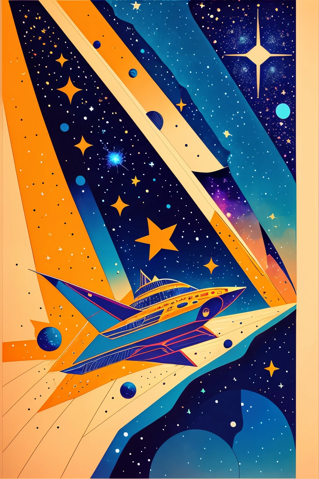 Ursa Major, Jean Giraud style, old paper texture, spacecraft and stars, cosmic atmosphere, vibrant colors, dramatic lighting