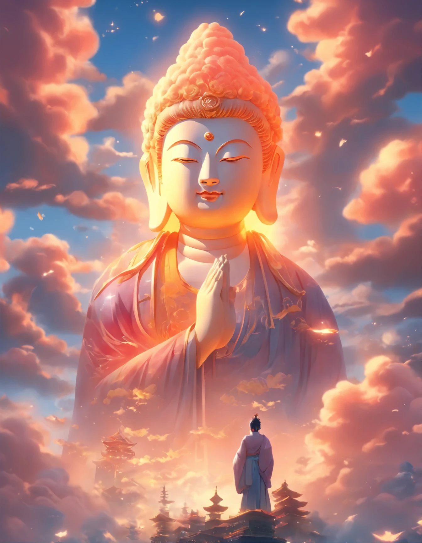 ((on the table))，(best quality))，Chinese style，in the sky, Clouds form a huge white Buddha statue，thick clouds，sunny，pilgrims on the road，surreal，Super real photos，white seeds，8k，HD，high quality，masterpiece，Super fine，（（（Overclocked renderer））） (High top fade in and out:1.3), dark theme, soothing tone, pastel colors, high contrast, (natural skin texture, Surrealism, soft light, sharp)