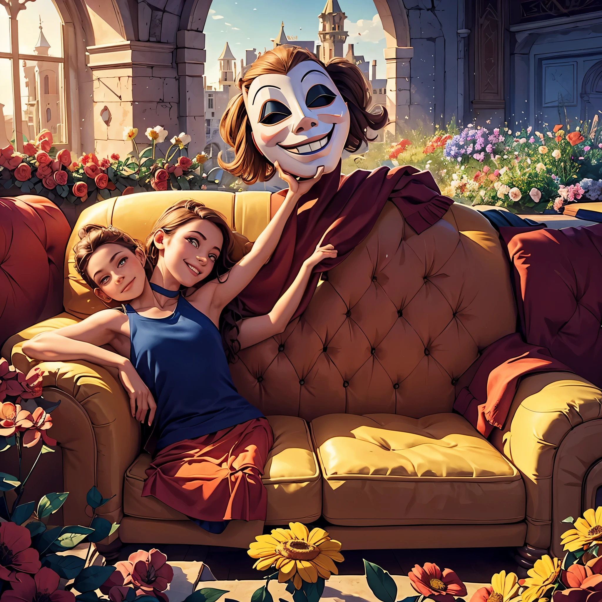 A body wearing a smiling theatre mask slouched over on a couch thats in the middle of an abandoned castle that is covered in an abundance of flowers