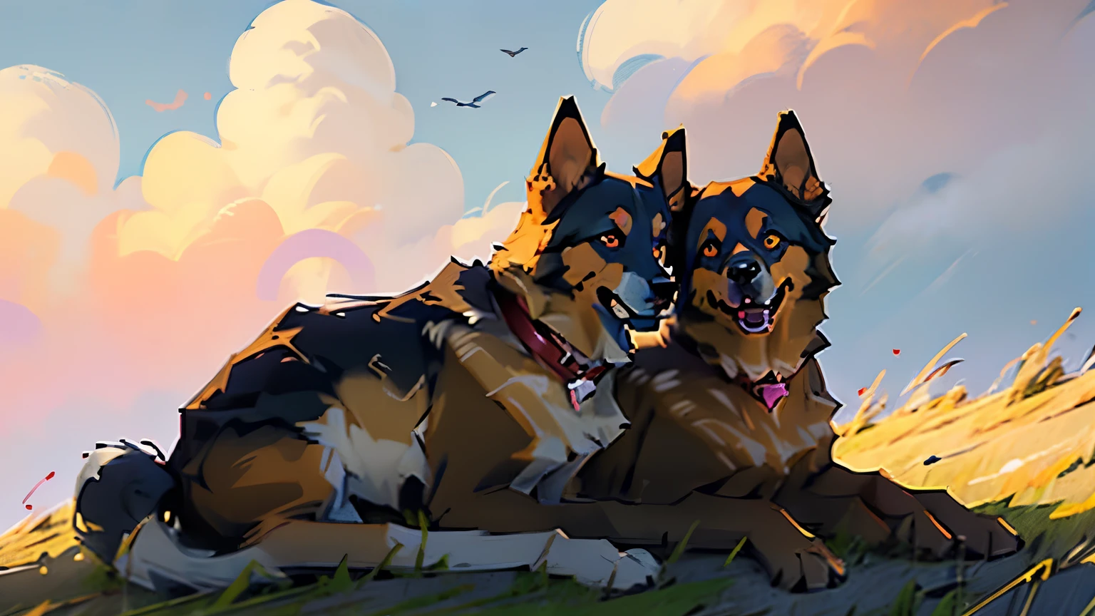 Anime drawing of two dogs of different breed sitting facing each other, one german shepherd on the left side wearing navy colored collar, one cream colored retriever on the right side wearing teal colored collar, with sunset pink purple orange sky with soft clouds as background,