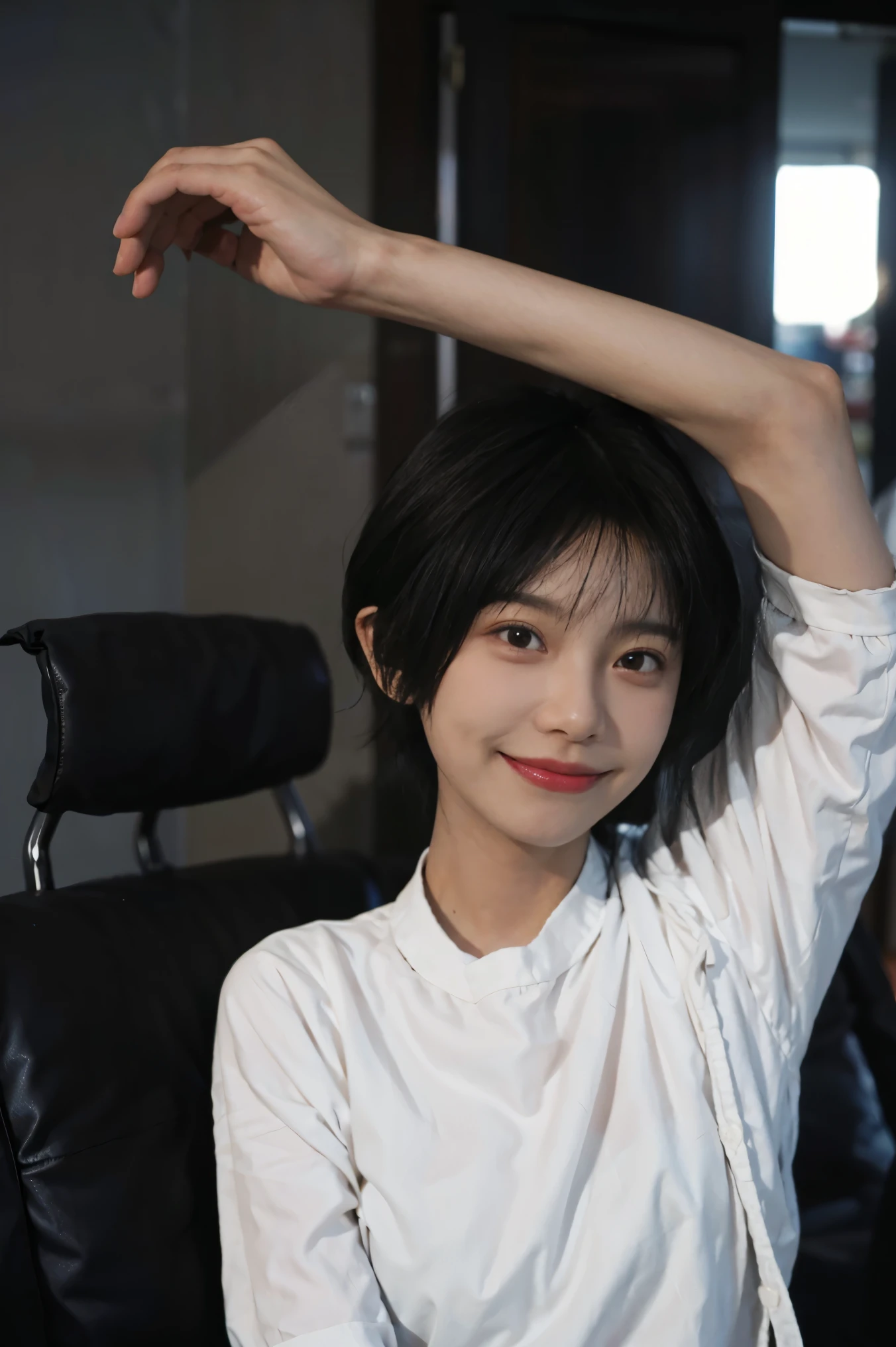 pixie cut as short hair, brown hair and smile 