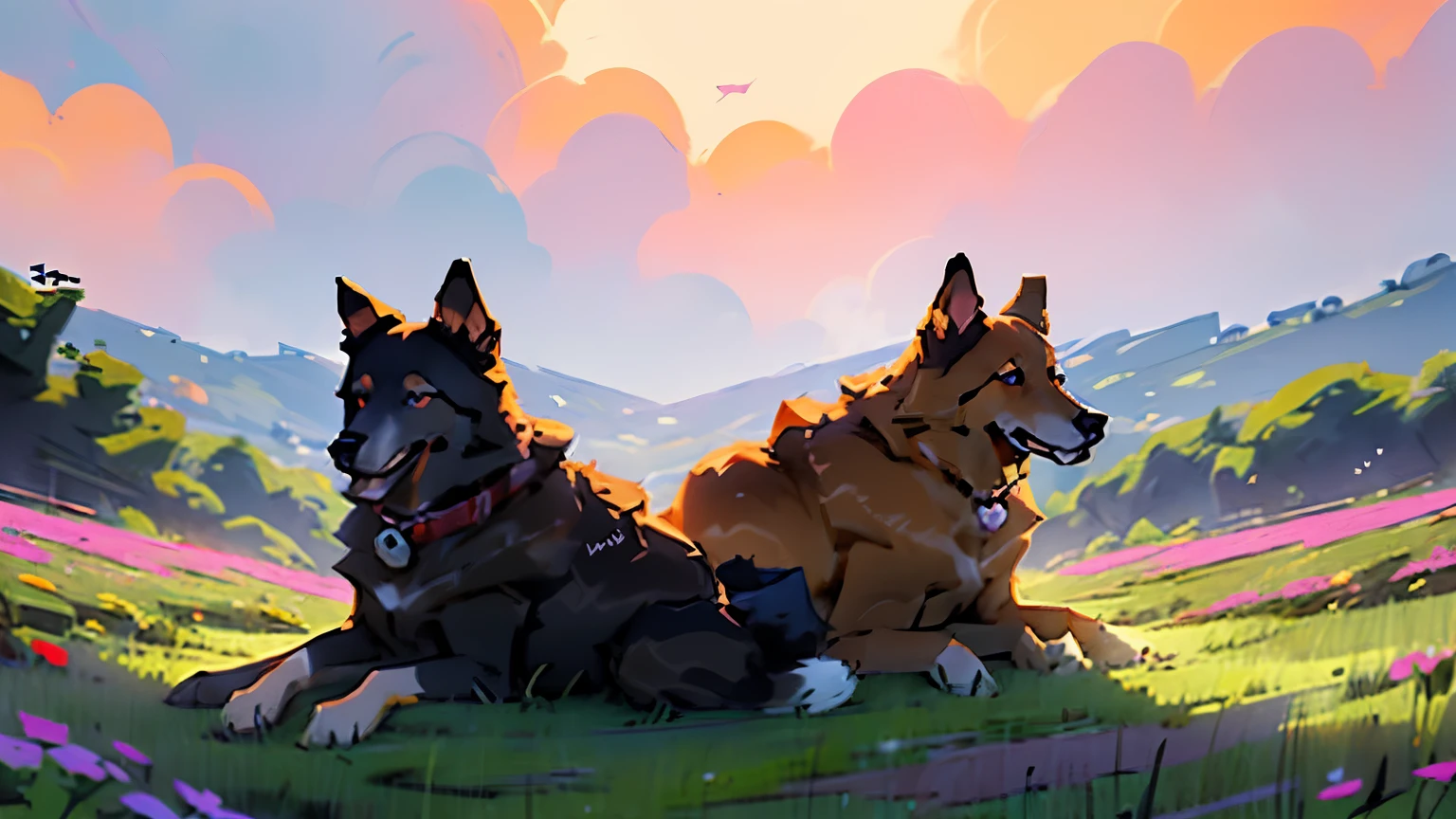Anime drawing of two dogs of different breed sitting facing each other, one german shepherd on the left side wearing navy colored collar, one cream colored retriever on the right side wearing teal colored collar, with sunset pink purple orange sky with soft clouds as background,