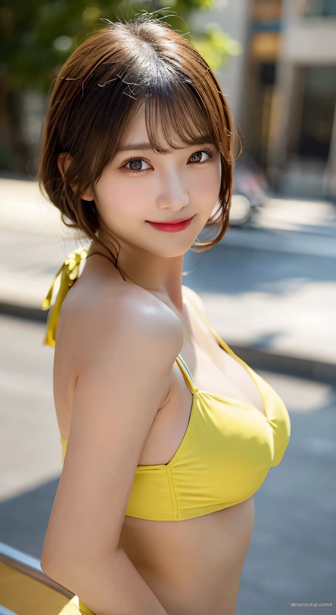 highest quality, shape, Super detailed, finely, High resolution, 8k wallpaper, 完璧なダイナミックな構shape, beautiful and detailed eyes, bikini,medium hair,big breasts natural color lip、20 year old girl、cute、sexy shot looking at camera、Transparency、smile、standing posture with back arched,yellow