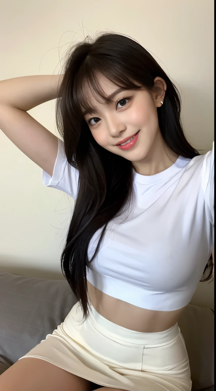 white tight shirt、white tight mini skirt、bed、smile、short sleeve、high resolution、Korean idol face