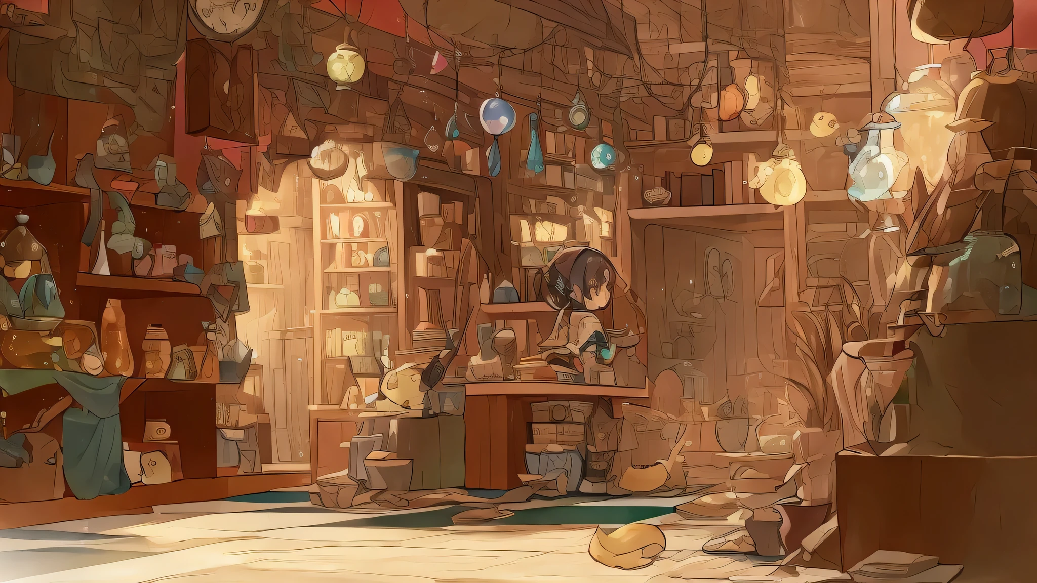 In the portion shop, cute art style, Inside an old magic shop, magic shop, In the style of Cytus and Deemo, Inside the magic item shop, pixiv digital art, pixiv style, fantasy style anime,cute detailed artwork