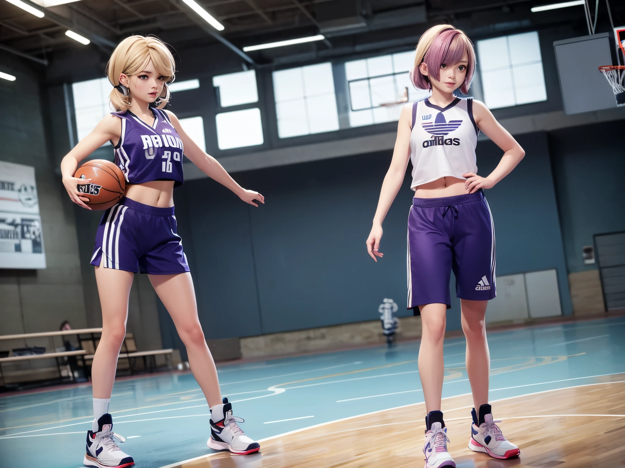 Halftone illustration of a sporty woman with purple and blonde two-tone hair, medium perky breasts, standing solo on a basketball court, holding a basketball, wearing a referee crop top shirt, sweatpants, and Adidas sneakers, bare midriff with visible navel, hair covering one eye, urban sportswear, striped, tattoo, cool-toned lighting, detailed hair, best quality, highres, halftone, sporty, urban, athletic, dynamic, basketball court, detailed eyes, professional, atmospheric lighting, 16k, uhd