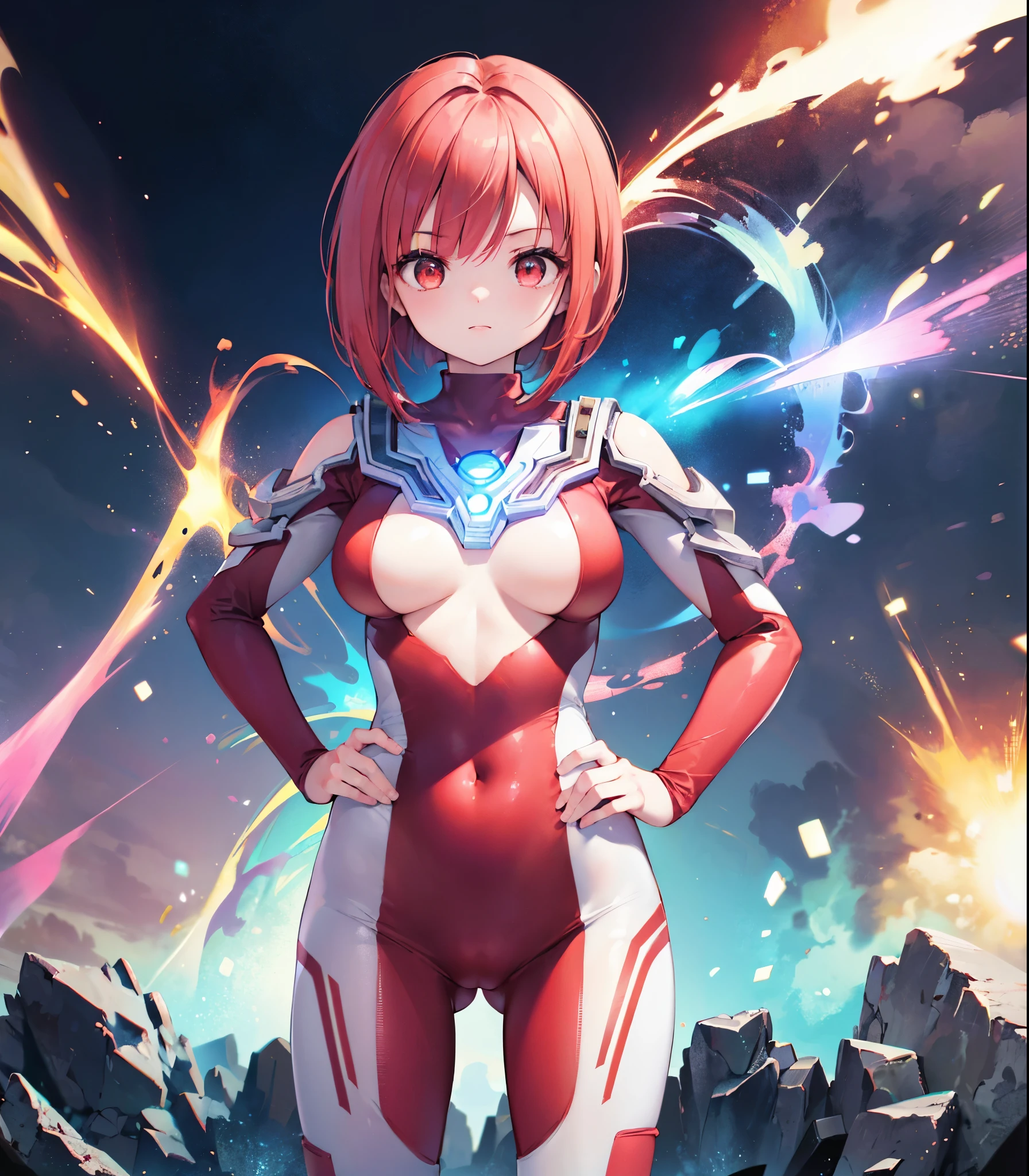 Close-up,highest quality, ultra detail, High quality CG drawing, The most delicate and beautiful, Floating gently, High resolution, (1 girl), (Highest image quality,4K,8K,masterpiece:1.2),(all red hair:1.5),(short bob:1.5),bangs bangs,(red eyes:1.5), (ultra girl :1.0), (silver and red ultraman bodysuit:1.4),slightly bigger breasts,Upper body,(clenched fist:1.2),(put both hands on hips:1.2)