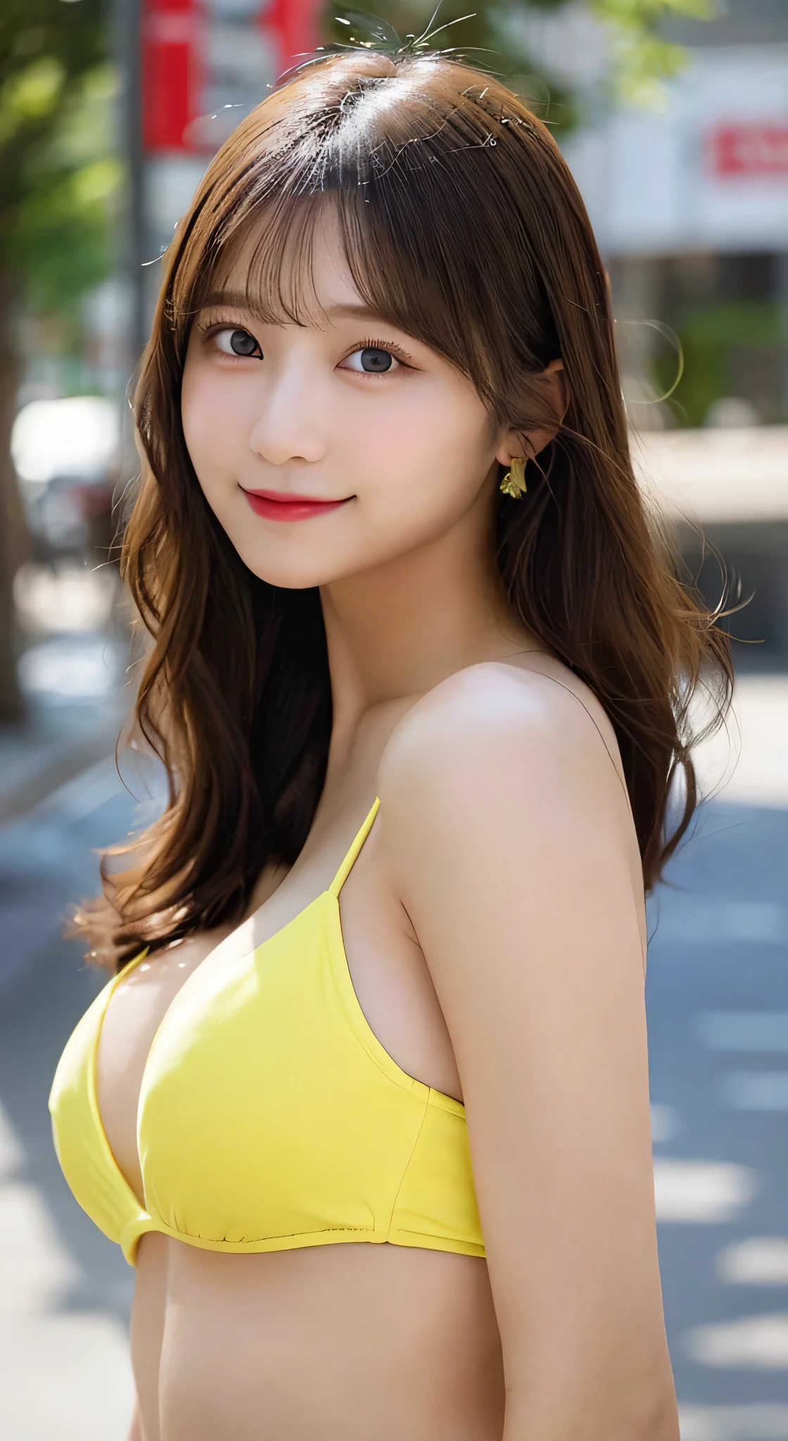 highest quality, shape, Super detailed, finely, High resolution, 8k wallpaper, 完璧なダイナミックな構shape, beautiful and detailed eyes, bikini,medium hair,big breasts natural color lip、20 year old girl、cute、sexy shot looking at camera、Transparency、smile、standing posture with back arched,yellow