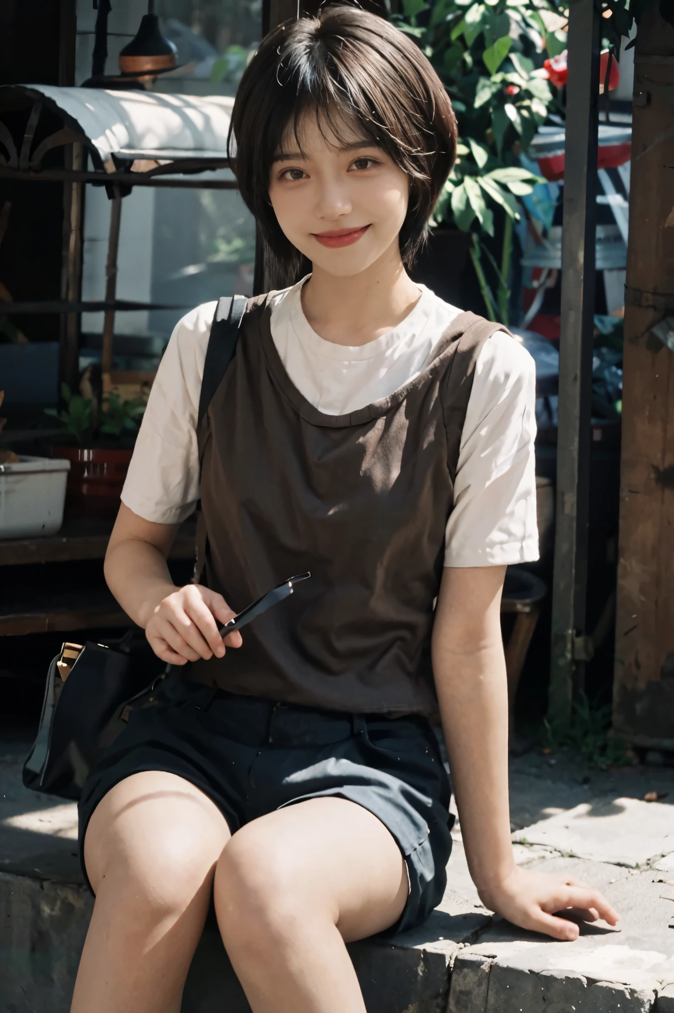 Pixie cut as very short hair.brown hair and smile
