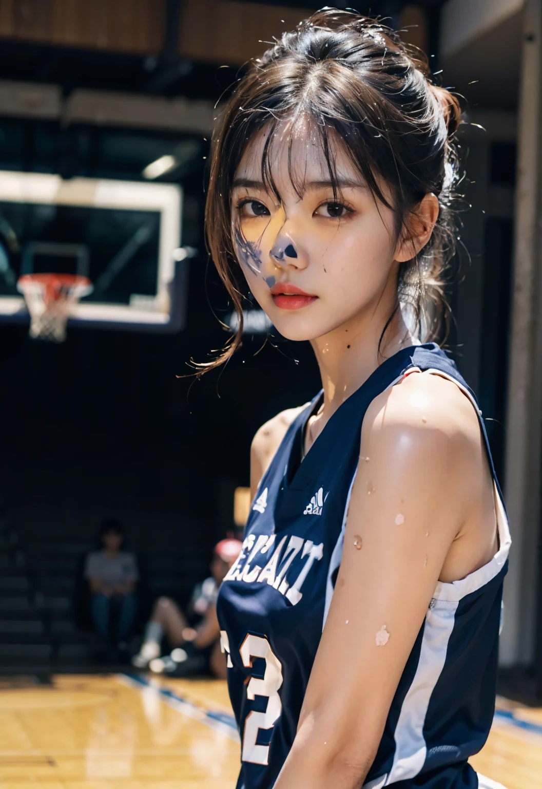 (8k, best quality, master piece:1.2),High resolution,1 girl,real looking skin,dynamic light and shadow,sharp focus,Depth of the bounds written,eyes are delicate,Realisticな生徒, playful expression, wear a basketball uniform,perfect body,the biggest,on the basketball court,Realistic, super detailed, (shiny skin, sweaty:1.4), looking at the viewer,