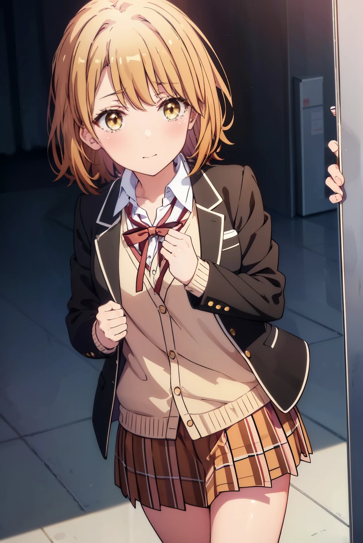 irohaisshiki, iroha isshiki, short hair, brown hair, (brown eyes:1.5), A smile that speaks with its mouth open,blush,tears run down her face,Crying with joy,
break skirt, shirt, ribbon, school uniform, Jacket, white shirt, closed clothes, socks, open Jacket, black Jacket, plaid, knee high, plaid skirt, blazer, cardigan, black socks, pink cardigan, sobu high school uniform,gymの舞台上でスピーチしている,graduation ceremony,
break indoors, gym,
break looking at viewer,
break (masterpiece:1.2), highest quality, High resolution, unity 8k wallpaper, (figure:0.8), (detailed and beautiful eyes:1.6), highly detailed face, perfect lighting, Very detailed CG, (perfect hands, perfect anatomy),