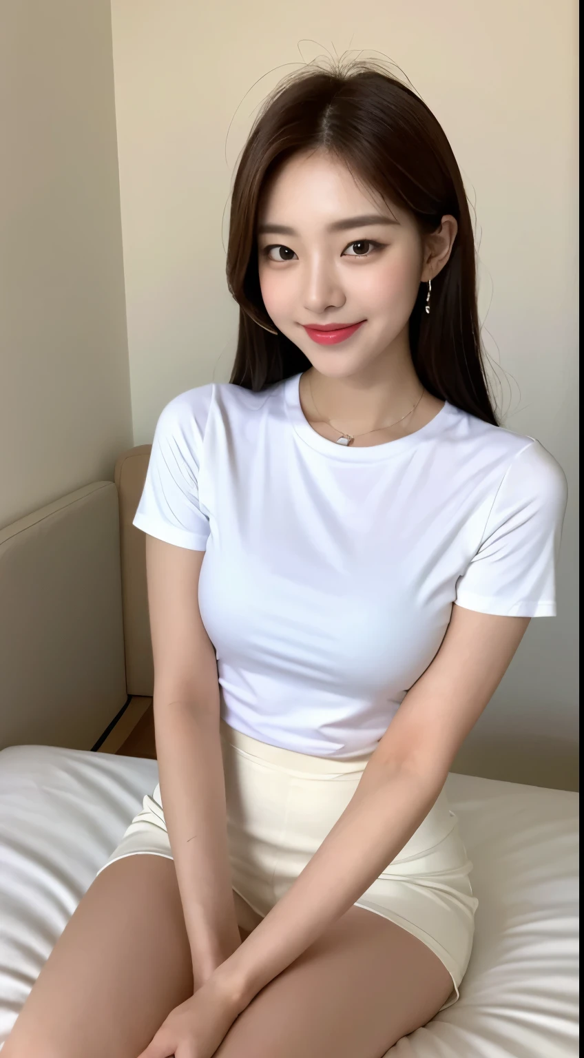 white tight shirt、white tight mini skirt、bed、smile、short sleeve、high resolution、Korean idol face