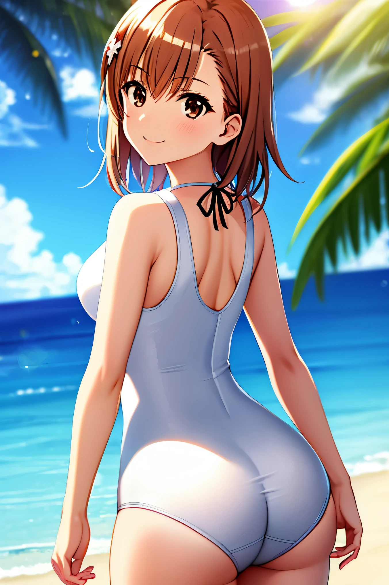 masterpiece, best quality, misaka_mikoto, brown eyes, looking at viewer, solo, small breast, upper body, (swimsuit), beach, outdoor, , smile, close_mouth, ((crossed legs)), ((standing)), lens flare abuse,  one piece suit, body suit, shiny clothes, thicc, onegirl, 1girl, white swimsuit, pantihose, ass pose, botty pose, back pose, nice ass, latex