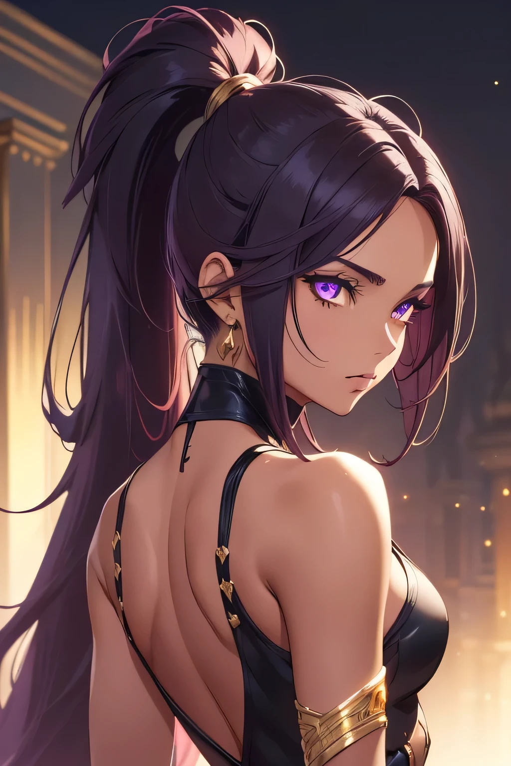 1 beautiful woman, tanned skin, long dark purple hair, ponytail, ((gold eyes, detailed eyes:1.2)), medium breasts, wearing black unitard, sleeveless, sexy back, elegant, sensual, (masterpiece, top quality, best quality, official art, beautiful and aesthetic:1.2), extreme detailed, colorful, highest detailed, unreal engine 5, 8k