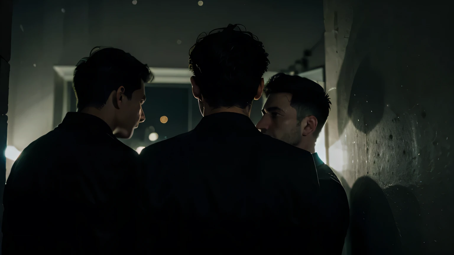 Behind the three men in the night, in the corner