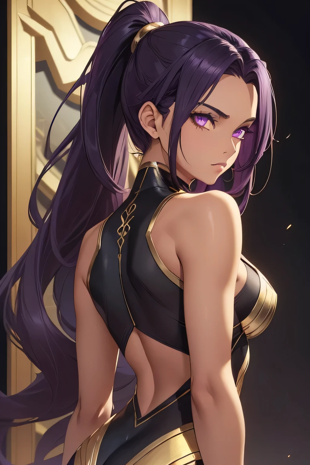 1 beautiful woman, tanned skin, long dark purple hair, ponytail, ((gold eyes, detailed eyes:1.2)), medium breasts, wearing black unitard, sleeveless, sexy back, elegant, sensual, (masterpiece, top quality, best quality, official art, beautiful and aesthetic:1.2), extreme detailed, colorful, highest detailed, unreal engine 5, 8k