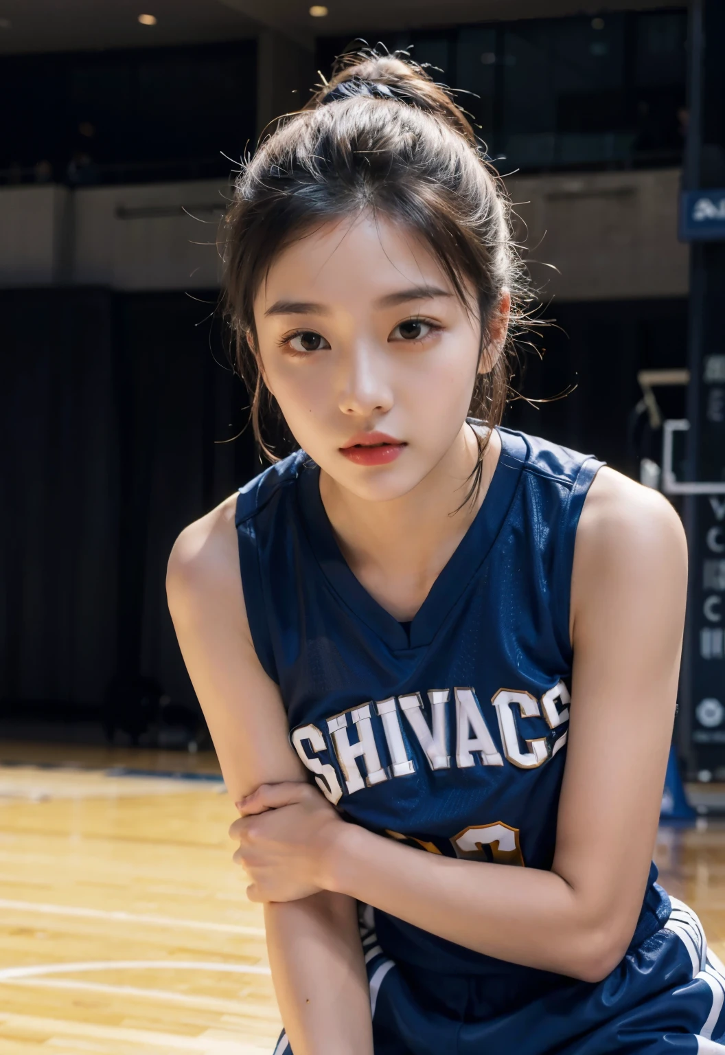 （8k， best quality， master piece：1.2），High resolution，1 girl，real looking skin，dynamic light and shadow,sharp focus,Depth of the bounds written,eyes are delicate,Realisticな生徒, playful expression， wear a basketball uniform，perfect body，the biggest，on the basketball court，Realistic, super detailed, (shiny skin), looking at the viewer,