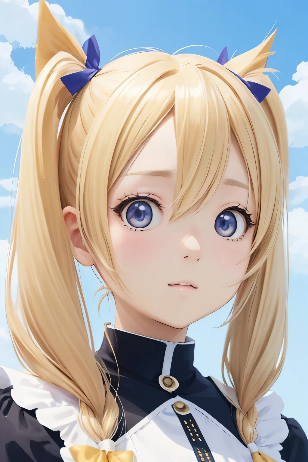 blonde、girl、twin tail hair、close up of face、upward glance、digital art、sky background