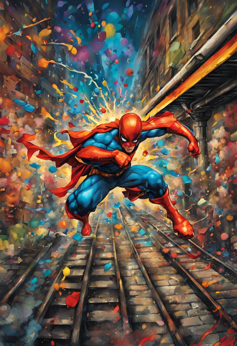 Metro Marvels Showdown: (masterpiece, high resolution, illustration, best quality:1.3), epic clash, graffiti-style superheroes and villains, exaggerated muscles, (flowing capes:1.1), (dynamic poses:1.2), mid-battle, (explosions of colors:1.4), onomatopoeic words ('BOOM!', 'POW!'), (graffiti tags as dialogues:1.1), underground subway station, passerby awe, (train rushing by:1.2), motion blur, spray paint fumes, (dichotomy of street art and comic fantasy:1.2), rich background, (detailed textures on brick and metal:1.1), nighttime, street lamps casting shadows, (intertwined stories:1.1), mural art.