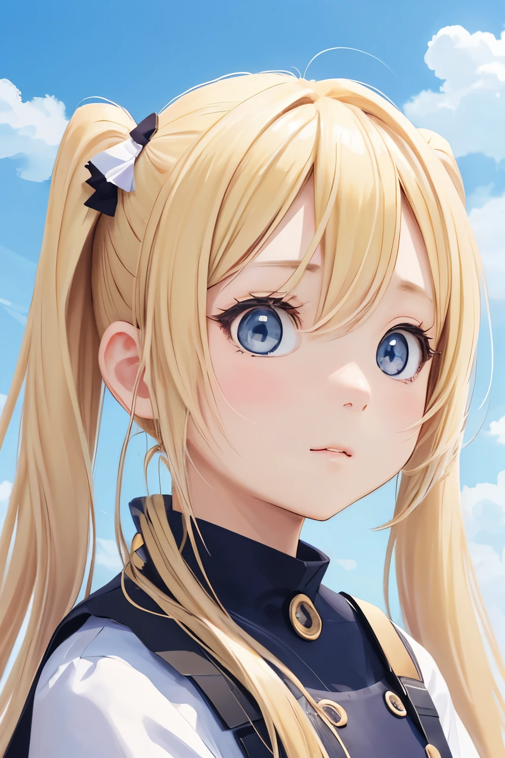 blonde、girl、twin tail hair、close up of face、upward glance、digital art、sky background