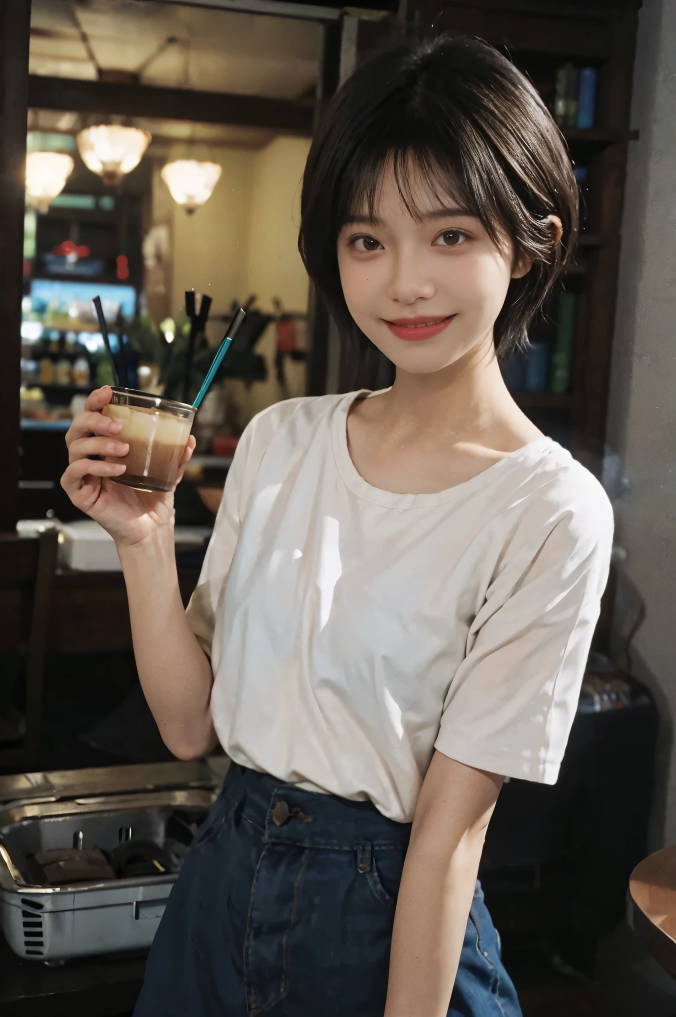 Pixie cut as short hair.brown hair and smile