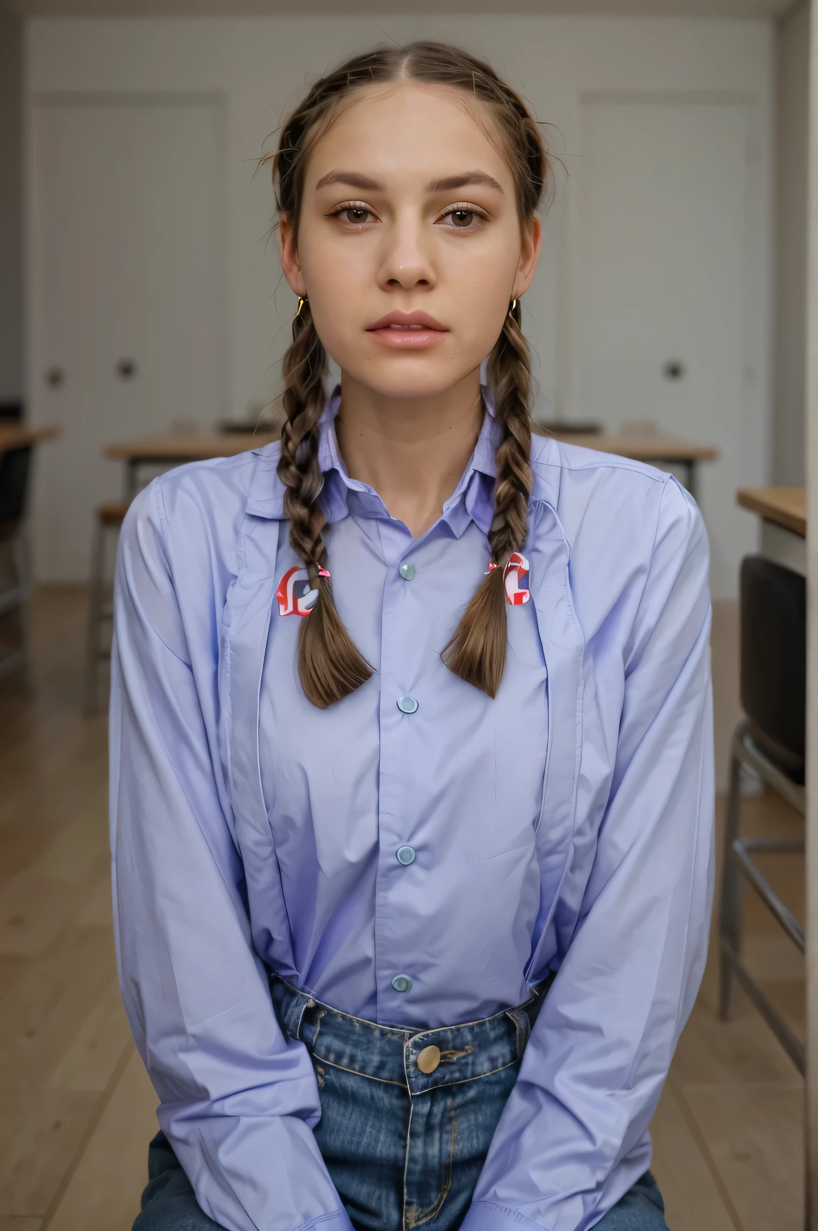 Araffed woman with braids and purple shirt sits on a stool, Girl with braids, braids hairstyle, two braids hairstyle, braids, fashion model frowns, braids hair, close-up portrait, hair in braids, girl in uniform, braid, braid braids, Hyperrealistic , long braid, She has two tails