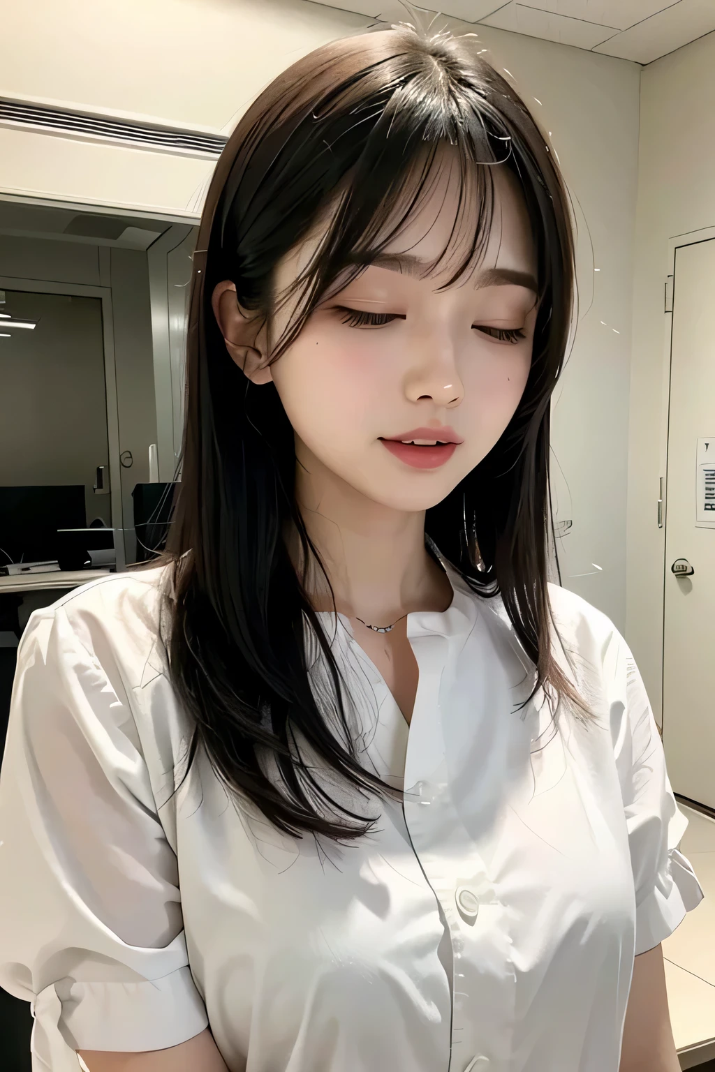 open mouth face、Face with closed eyes、((open mouth face))、upper body close-up、white blouse、black-haired beauty、hospital
