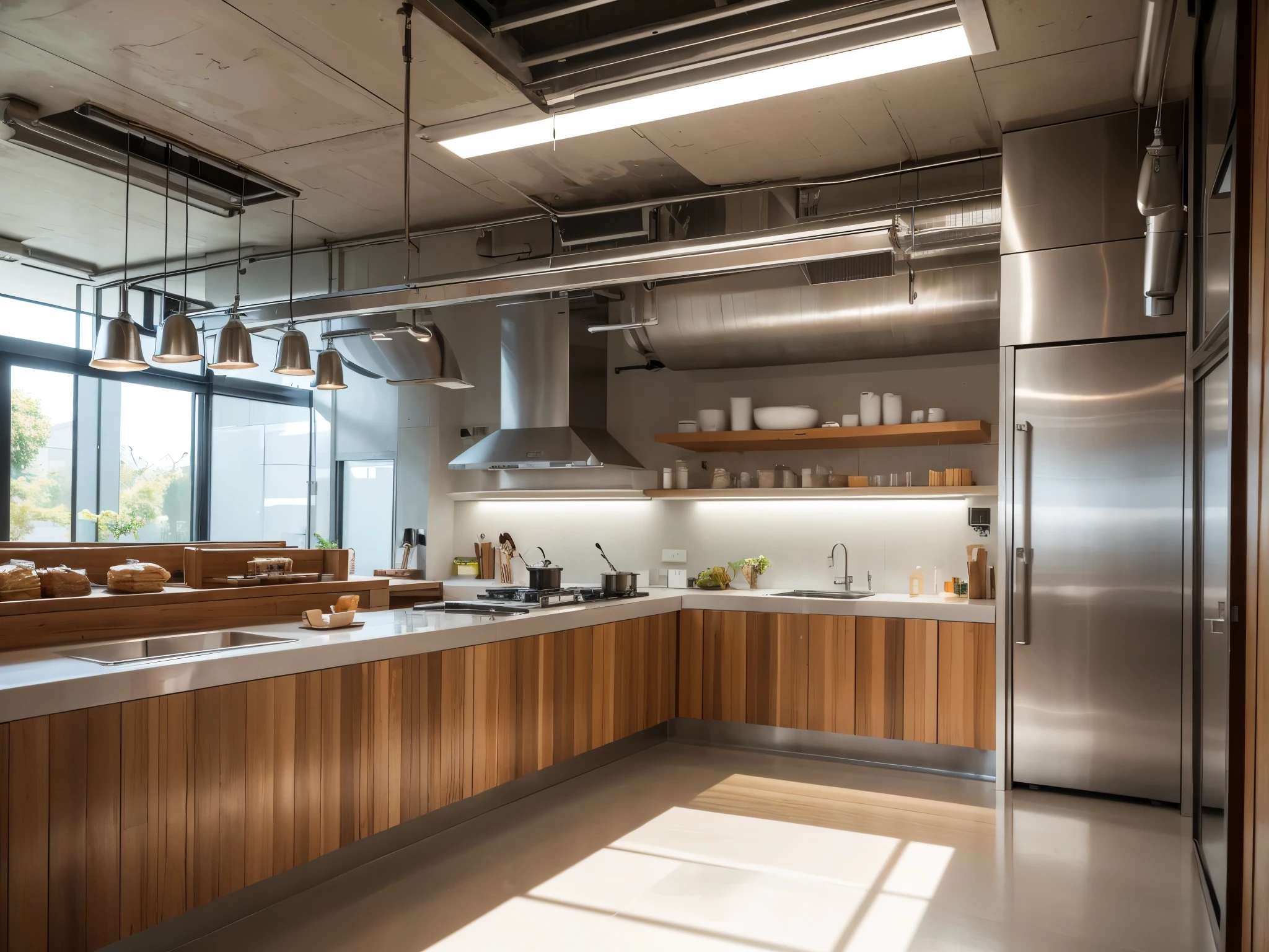 masterpiece, best quality, 4k, ultra high definition, ((best quality)), ((masterpiece)), (detailed)sustainable,,a fast food shop,natural lighting,,Environmental friendly,save,ventilation,Interior design,Interior space,Back kitchen,Stainless steel,Dining space