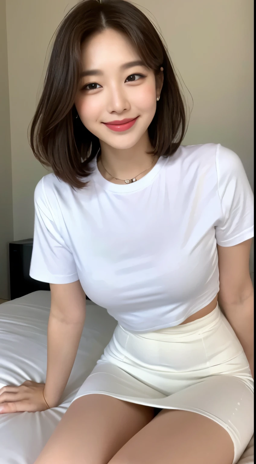 white tight shirt、white tight mini skirt、bed、smile、short sleeve、high resolution、Korean idol face