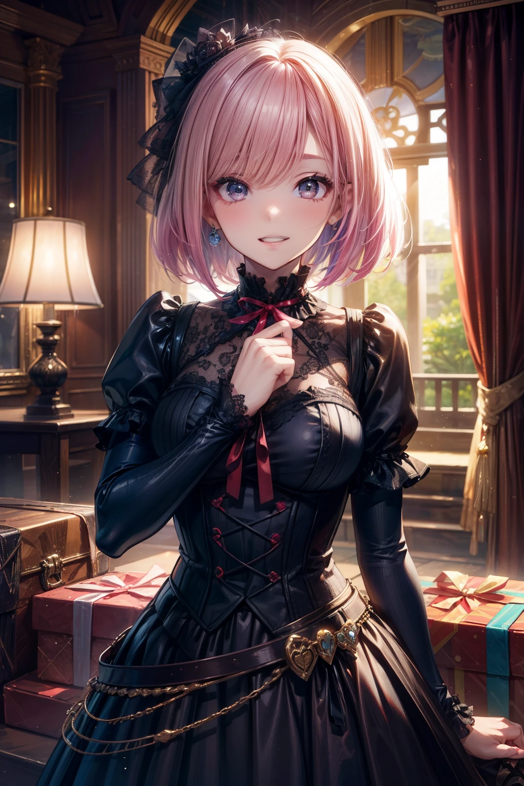 (masterpiece) top quality, super detailed, high resolution display, realistic lighting and shadows, breathtaking, pink hair, straight hair, bob cut, short hair, black eyes, beautiful髪, beautiful目, 1のbeautiful女の子, cute face, beautiful顔, beautiful, highest quality, anatomy, gothic fashion, black long skirt, beautiful, highest quality, Absolute area, ((Present box with ribbon in hand)), laughing,