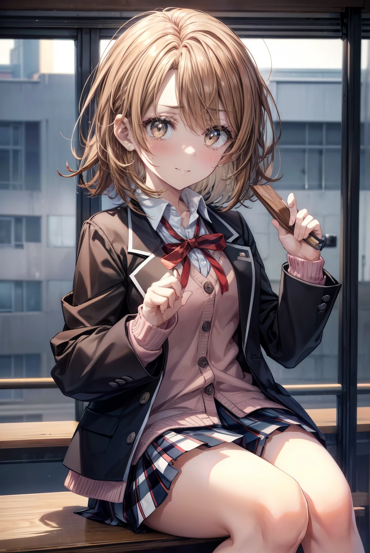 irohaisshiki, iroha isshiki, short hair, brown hair, (brown eyes:1.5), A smile that speaks with its mouth open,blush,tears run down her face,Crying with joy,
break skirt, shirt, ribbon, school uniform, Jacket, white shirt, closed clothes, socks, open Jacket, black Jacket, plaid, knee high, plaid skirt, blazer, cardigan, black socks, pink cardigan, sobu high school uniform,gymのステージの上でスピーチしている,graduation ceremony,
break indoors, School　gym,
break looking at viewer,
break (masterpiece:1.2), highest quality, High resolution, unity 8k wallpaper, (figure:0.8), (detailed and beautiful eyes:1.6), highly detailed face, perfect lighting, Very detailed CG, (perfect hands, perfect anatomy),