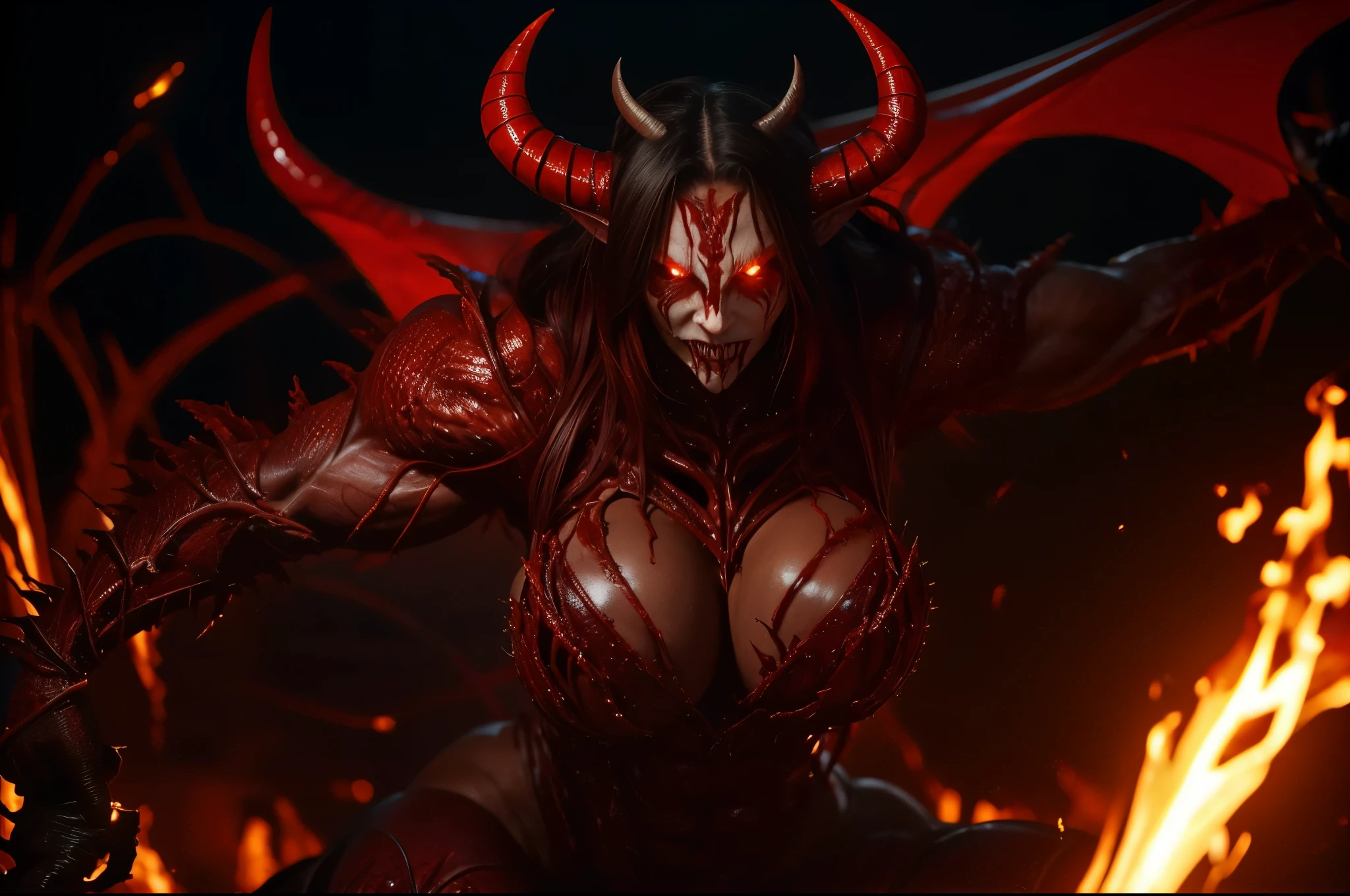 (carnage:1.5),(beautiful female model:1.5), (demoness with Large horns:1.25),(1 super muscular succubus with flayed skin:1.5), (covered in thick muscle suit:1.5), (exposed perfect anatomy:1.5), high detail, best quality, masterpiece, finely detail, realistic skin texture, 85 mm art lens, f 1.2, sharp focus, 8 k high definition, insanely detailed, intricate, hell background, glowing red eyes, dark hair, glowing hell background, holding flame whip