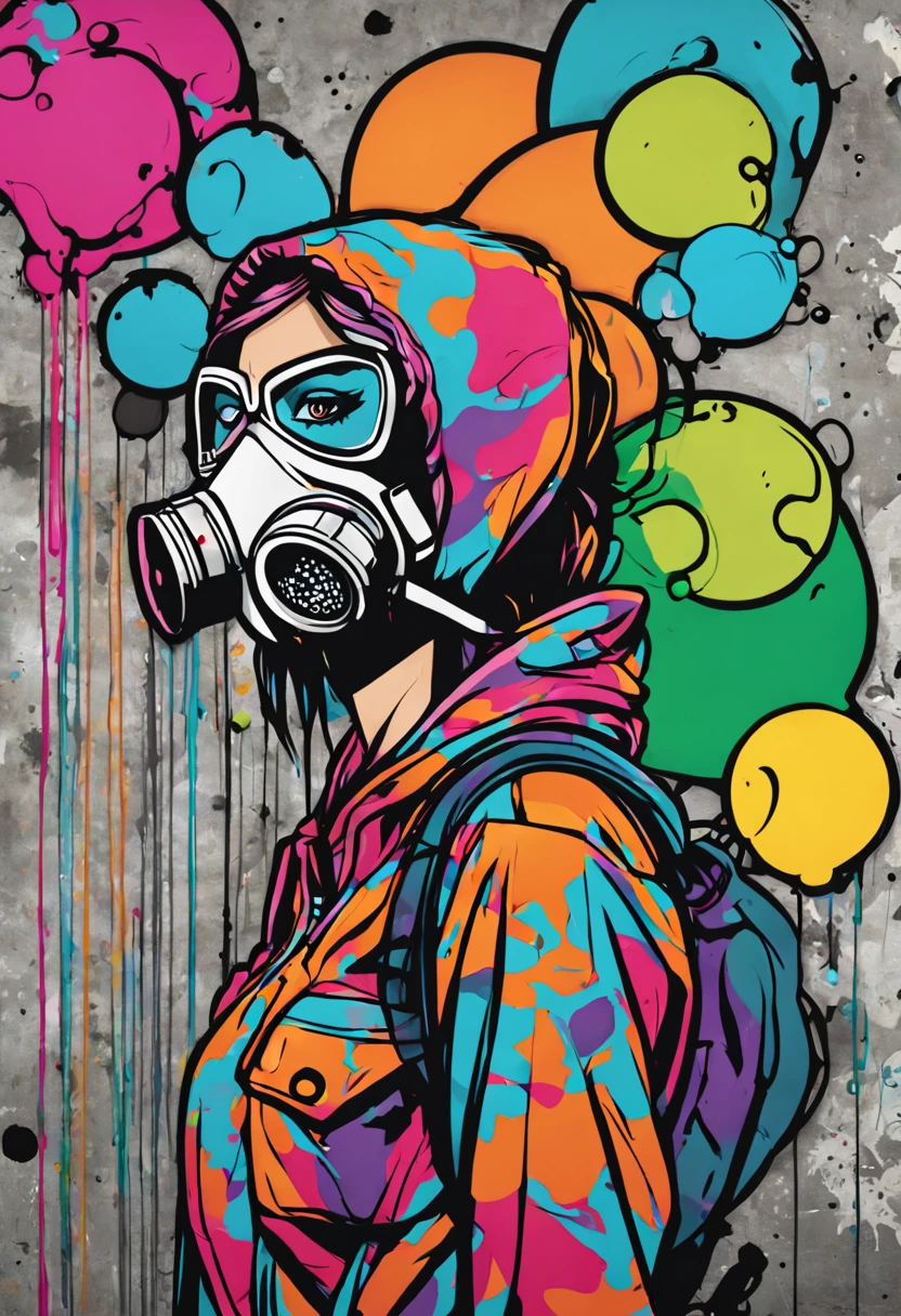 graffiti style comic {{Artistic digital painting} A graffiti comic in the style of Banksy and street art. The composition features a girl in a gas mask standing near a dripping bold outlined thought bubble that says "Hope". She is surrounded by colorful stylized bubble letters and characters. The background is a grungy concrete wall with peeling paint and graffiti tags. The style combines photorealism with thick bold outlines, vibrant fantasy colors, and dynamic energy.} . street art, vibrant, urban, detailed, tag, mural, graphic illustration, comic art, graphic novel art, vibrant, highly detailed