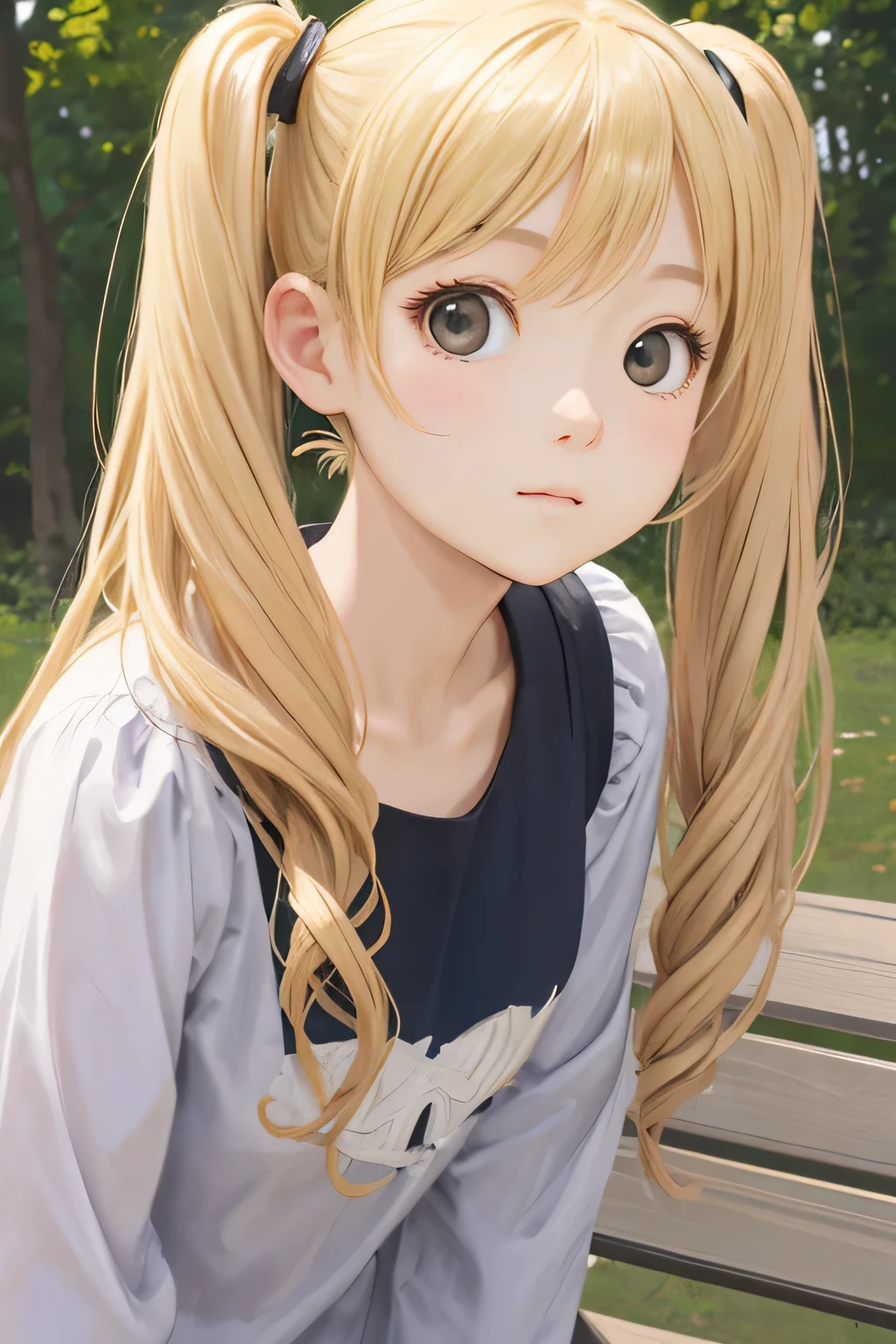 blonde、girl、twin tail hair、close up of face、upper grade、digital art、bench background