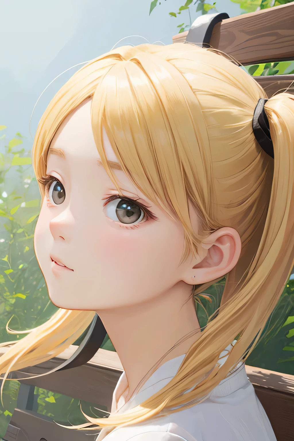 blonde、girl、twin tail hair、close up of face、upper grade、digital art、bench background