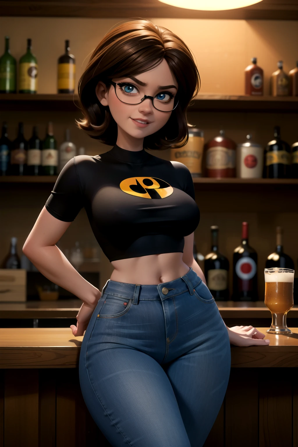 (A melhor qualidade)), ((Altamente detalhado)), Obra-prima, (olhos detallados, olhos profundos), (1 garota), Helen Parr, 1 garota, Sozinho, sorriso, short cabelo, preto_cabelo, olhos_Cafeteria, pele escura, pele negra,corpo maduro cheio de curvas, fundo de bar cheios de homens, Helen Parr wears bra and tight denim skirt, Helen esta tomando uma cerveja, ambiente tranquilo, Helena