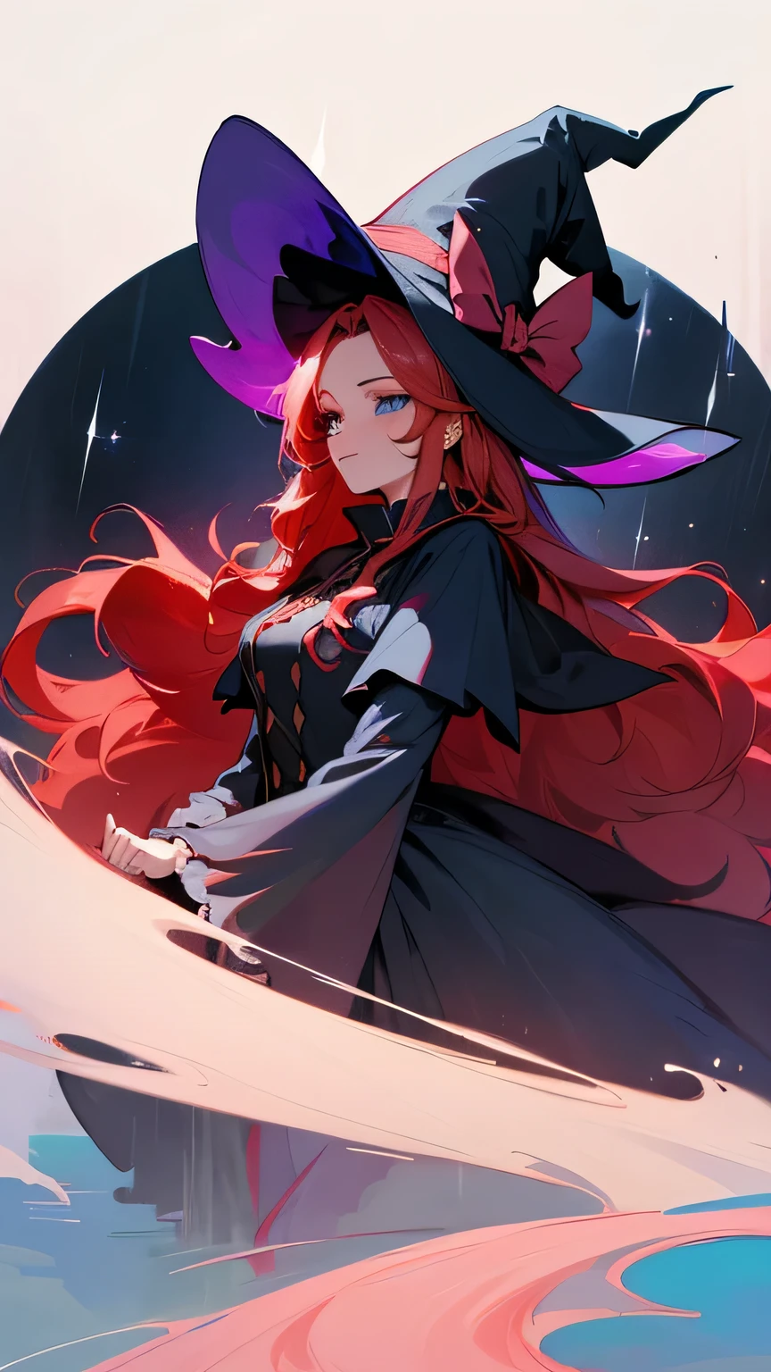 A woman in a witch's costume、Red-haired woman wearing hat posing for photo, classical witch, Astral Witch Clothes, a beautiful witch, beautiful witch, Stylish dark witch, Flirty anime witch casting magic, beautiful witch, dark witch character, artistic sprout, castlevania witch, beautiful wizard, Marisa's father, Long-haired anime girl with red hair and blue eyes