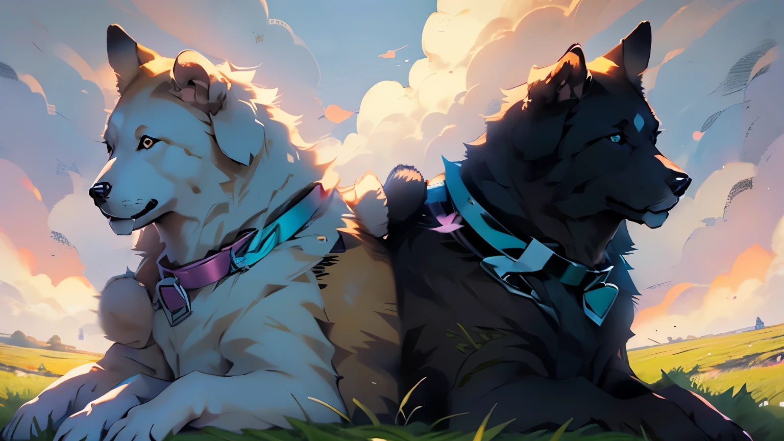 Anime drawing of two dogs of different breed sitting facing each other, one german shepherd on the left side wearing navy colored collar, one cream colored retriever on the right side wearing teal colored collar, with sunset pink purple orange sky with soft clouds as background,