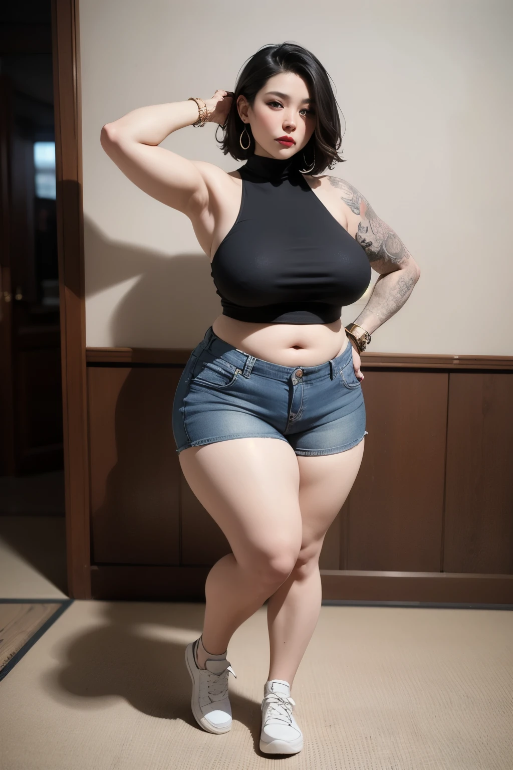 ((best quality)), ((masterpiece)), (detailed), perfect face, Beautiful, mother-in-law, asian-Indonesian , voluptuous, wearing random clothes (formal), In the black room, seductive expression, chubby body, nice body, milf chubby, japan-Indonesian -Indonesian. Full body, big arm, wide hips , wearing a sneakers, bob hairstyle, baby face , chubby cheeks, 31 years old, chubby tall woman, tattooed thighs , yakuza tattoos , big thighs, big armpits , chubby massive cheeks , thick neck, cold atmosphere, low light, wavy short haired, small breasts, showing her armpits , thick woman , turtleneck, thick woman . Full body, wearing shorts pants, wearing , gold bracelet and watch , slightly fat arms , slightly fat belly