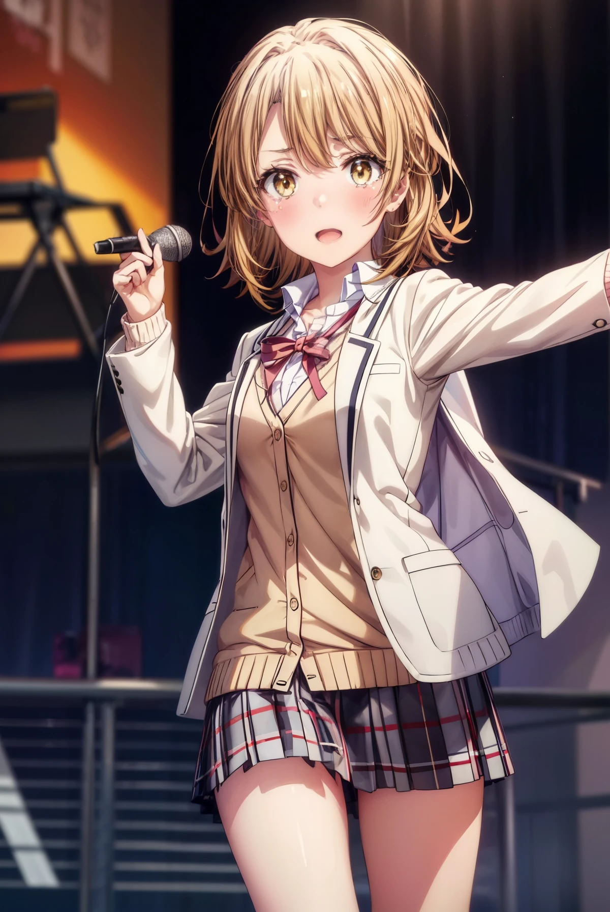 irohaisshiki, iroha isshiki, short hair, brown hair, (brown eyes:1.5), Talking in front of a microphone with your mouth open,smile,blush,tears run down her face,Crying with joy,stageの上にスタンドマイクが置いてある、
break skirt, shirt, ribbon, school uniform, Jacket, white shirt, closed clothes, socks, open Jacket, black Jacket, plaid, knee high, plaid skirt, blazer, cardigan, black socks, pink cardigan, sobu high school uniform,体育館のstageの上でスピーチしている,graduation ceremony,
break indoors, stage,
break looking at viewer,
break (masterpiece:1.2), highest quality, High resolution, unity 8k wallpaper, (figure:0.8), (detailed and beautiful eyes:1.6), highly detailed face, perfect lighting, Very detailed CG, (perfect hands, perfect anatomy),
