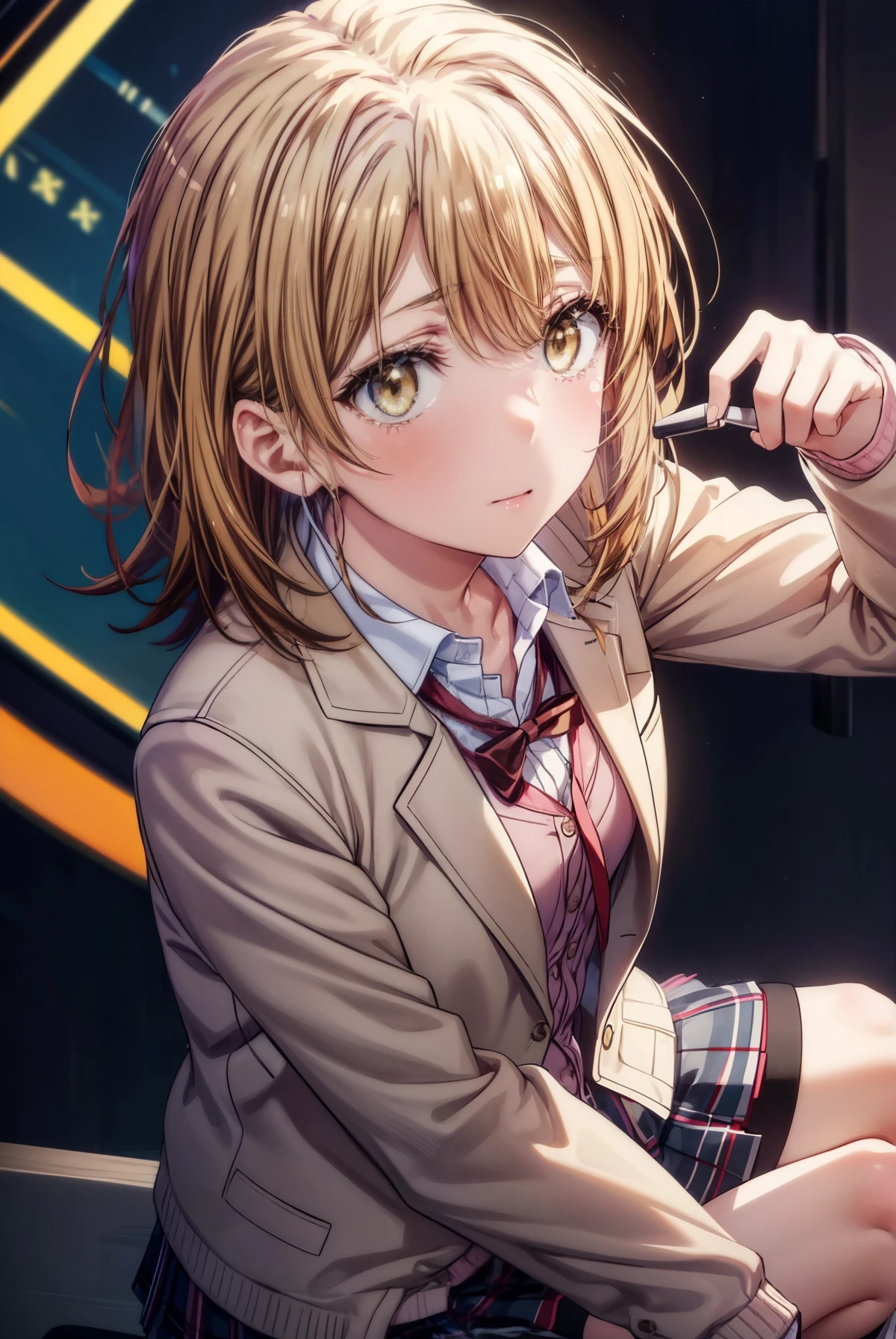 irohaisshiki, iroha isshiki, short hair, brown hair, (brown eyes:1.5), Talking in front of a microphone with your mouth open,smile,blush,tears run down her face,Crying with joy,stageの上にスタンドマイクが置いてある、
break skirt, shirt, ribbon, school uniform, Jacket, white shirt, closed clothes, socks, open Jacket, black Jacket, plaid, knee high, plaid skirt, blazer, cardigan, black socks, pink cardigan, sobu high school uniform,体育館のstageの上でスピーチしている,graduation ceremony,
break indoors, stage,
break looking at viewer,
break (masterpiece:1.2), highest quality, High resolution, unity 8k wallpaper, (figure:0.8), (detailed and beautiful eyes:1.6), highly detailed face, perfect lighting, Very detailed CG, (perfect hands, perfect anatomy),