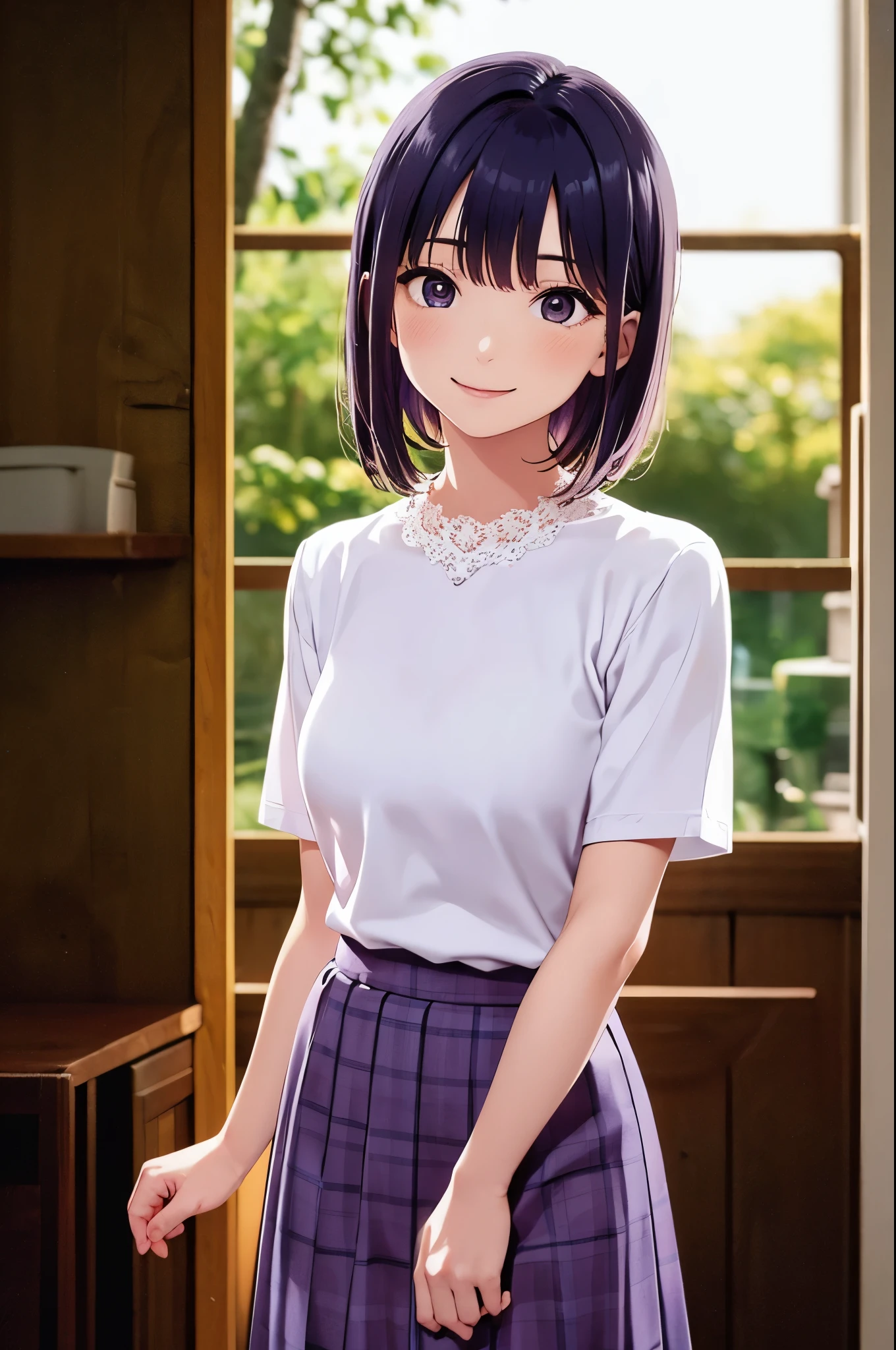 best quality, detailed face, 1girl, middle breast, smile, casual outfit, skirt, (Charming, Puffy eyes:1.2), good anatomy, looking at viewer, soft focus, Golden hour lighting, depth of field, shortcut hair, happy expression, white purple hair,  lacy shirts, skirt