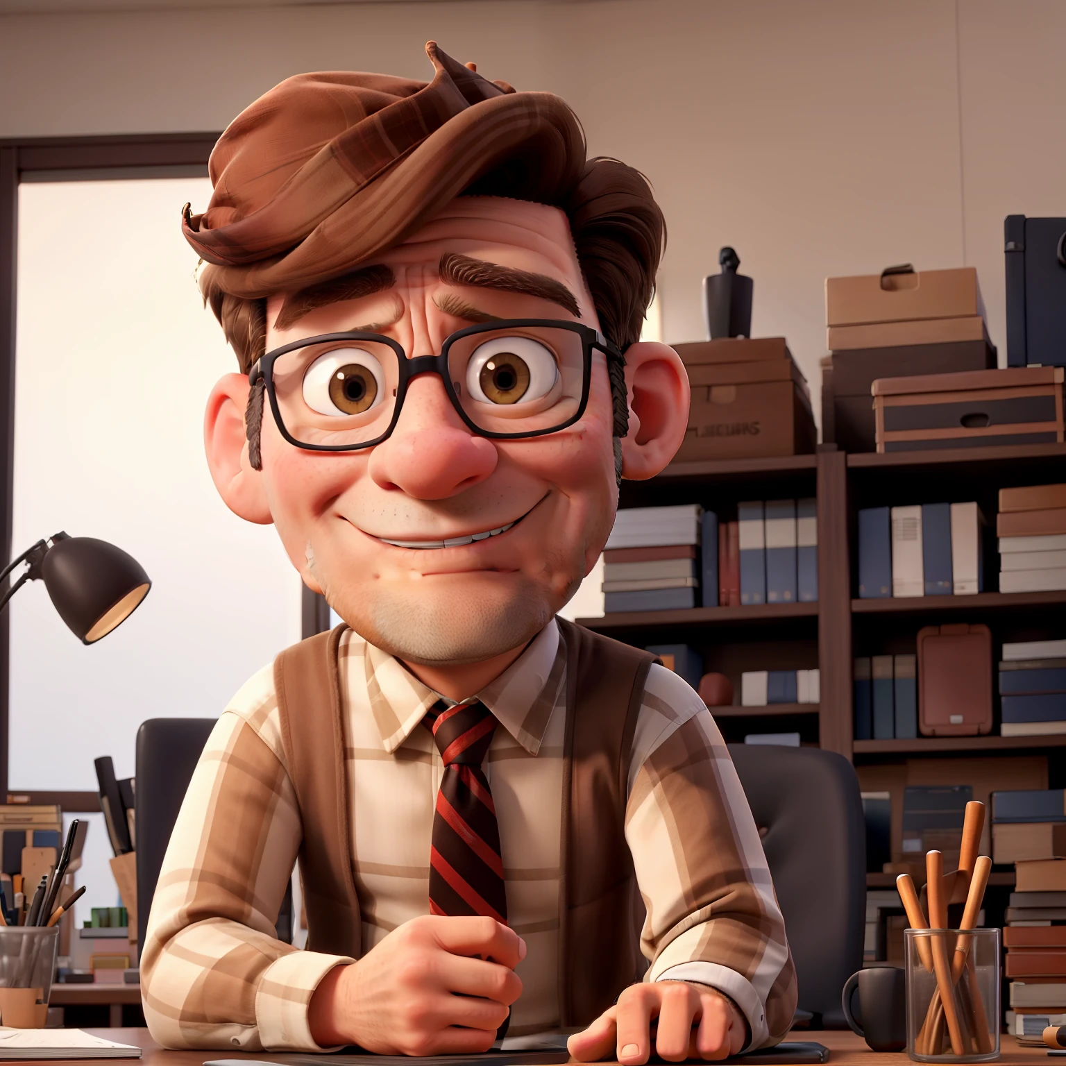 a middle-aged man，brown hair，individual，sitting in office