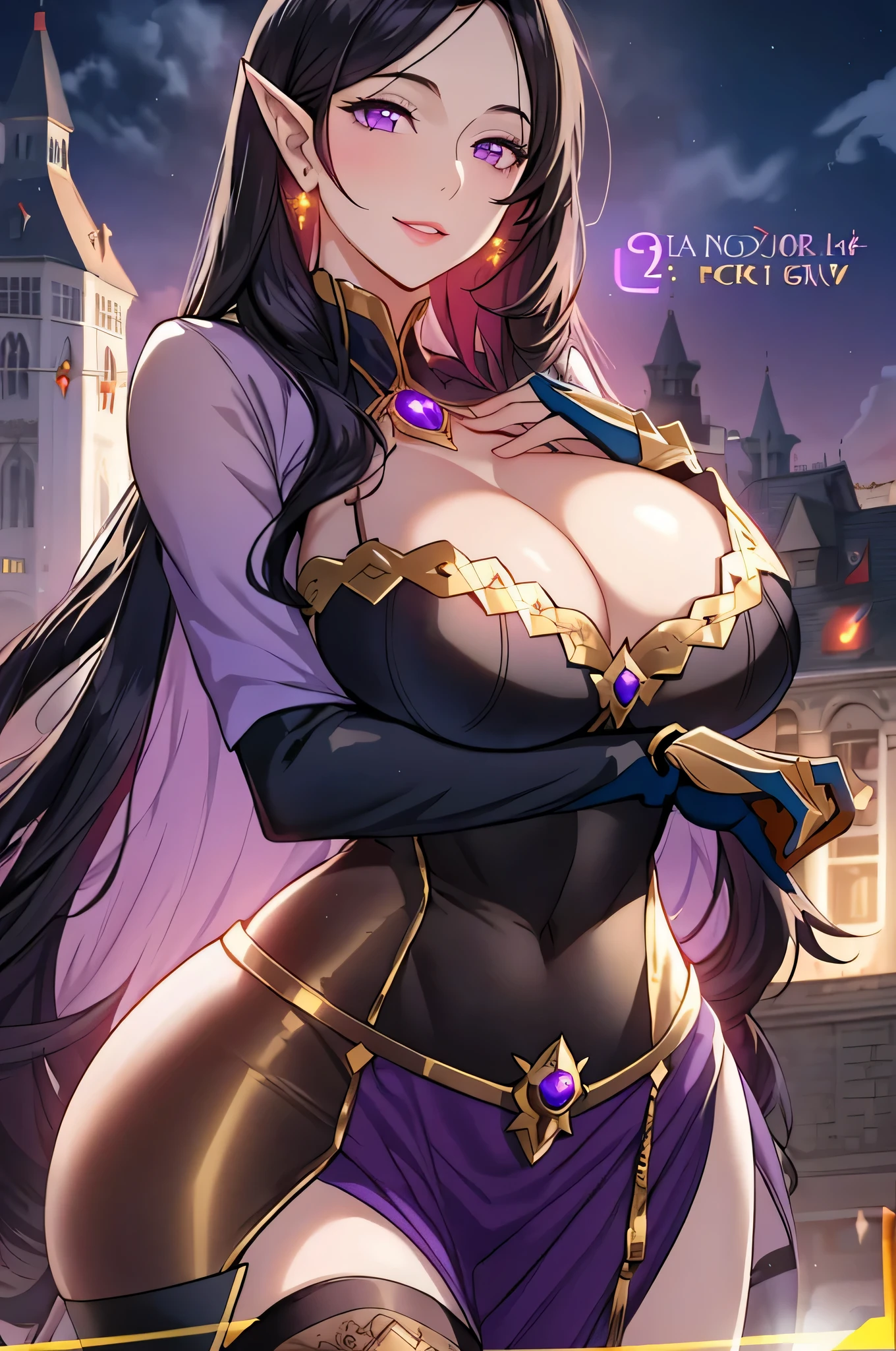 Lian, long black hair, long elf ears, hair stick, bangs, violet eyes, solo, smiling, standing, upper body, hips, bare shoulders,purple thighhighs,violet dress, gold jewelry,armor,gloves,circlet, cleavage, red and gold royal castle, gigantic breasts, (best quality, masterpiece, beautiful and aesthetic:1.2, highest detailed face, perfect face,)  eyes, perfect face,expressive eyes,
looking at viewer, in the center of the image,(Upper_body),(Focus on her face),
official art,extremely detailed CG unity 8k wallpaper, perfect lighting,Colorful, Bright_Front_face_Lighting,shiny skin, 
(masterpiece:1.0),(best_quality:1.0), ultra high res,4K,ultra-detailed
