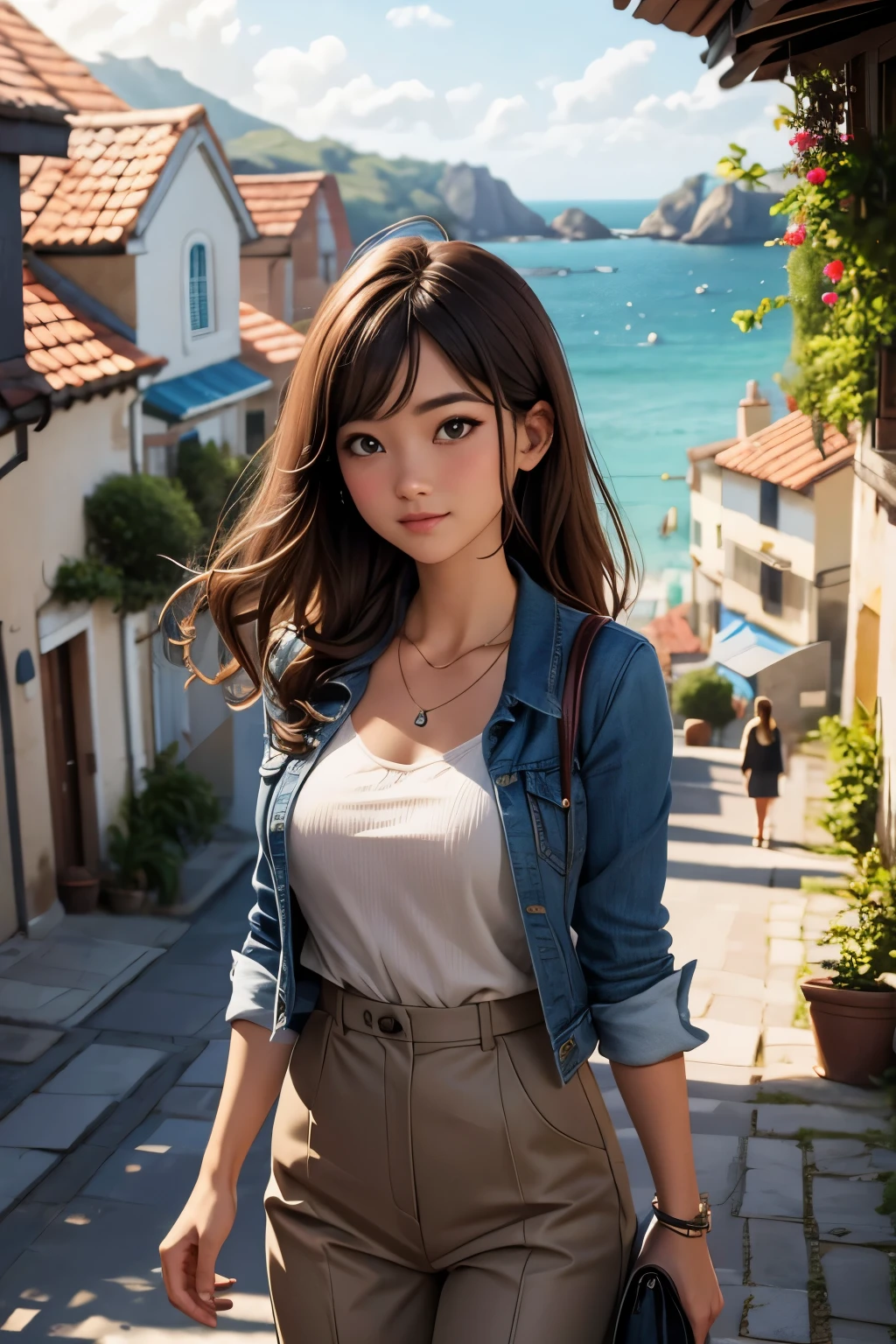 ((Extremely detailed)),, (8K), Best Quality, (Beautiful),((masutepiece)), ((Best Quality)), Beautiful girls,Realistic portraits,a straw fedora hat, (Ultra-detailed), ((kawaii)), Cute, (lovely),plein air、blured background:1.5、((South Island、Palm trees、Blue Sea、blue open sky、cumulonimbus clouds))