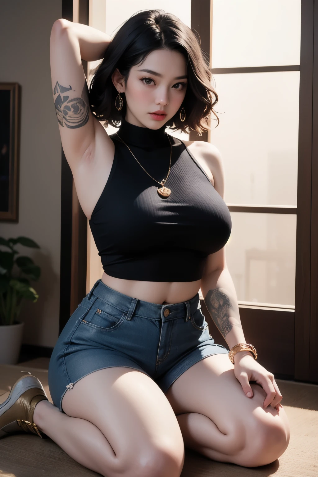 ((best quality)), ((masterpiece)), (detailed), perfect face, Beautiful, mother-in-law, asian-Indonesian , voluptuous, wearing random clothes (formal), In the black room, seductive expression, chubby body, nice body, milf chubby, japan-Indonesian , korean -Indonesian. Full body, big arm, wide hips , wearing a sneakers, bob hairstyle, , chubby cheeks, 31 years old, chubby tall woman, tattooed thighs , yakuza tattoos , big thighs, big armpits , chubby massive cheeks , thick neck, cold atmosphere, low light, wavy short haired, small breasts, showing her armpits , thick woman , turtleneck, thick woman . Full body, wearing shorts pants, wearing , gold bracelet and watch , fat arms ,
fat belly , wearing huge necklace